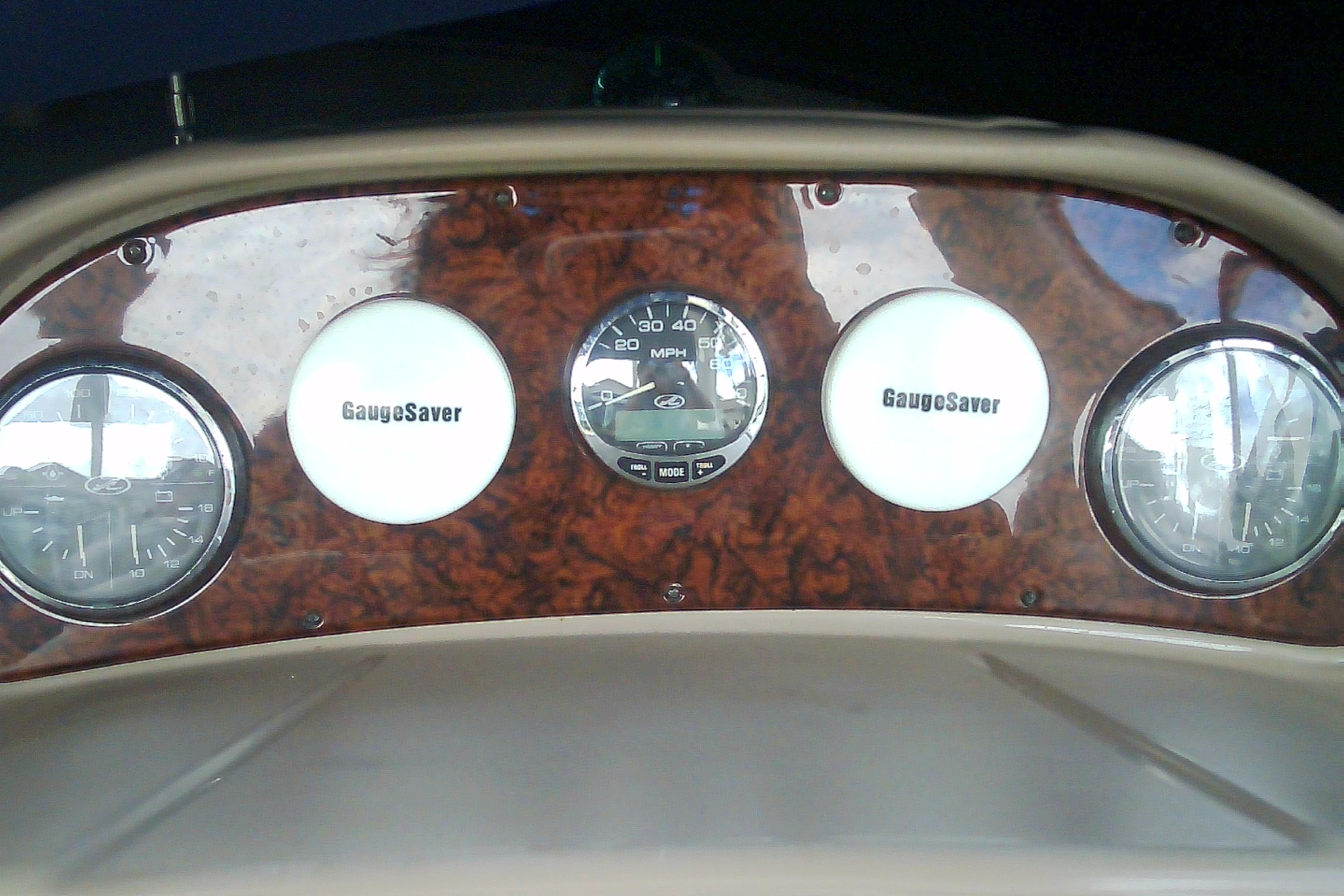 Dashboard of 2005 Sea Ray 300 Sundancer with GaugeSaver instruments.