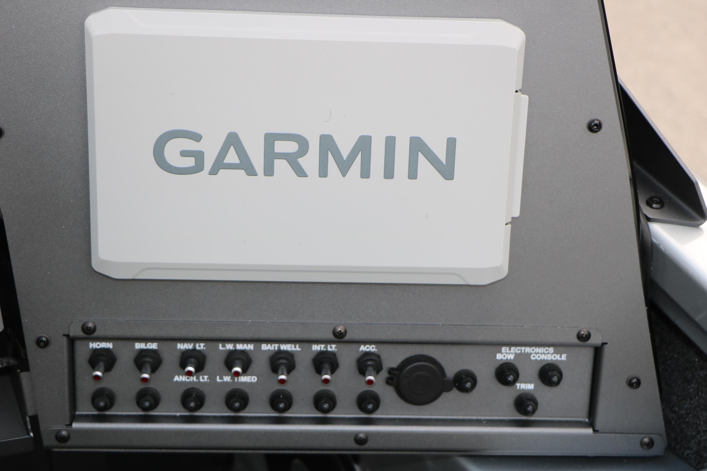Control panel of 2026 Vexus ADX 190 boat featuring Garmin electronics.