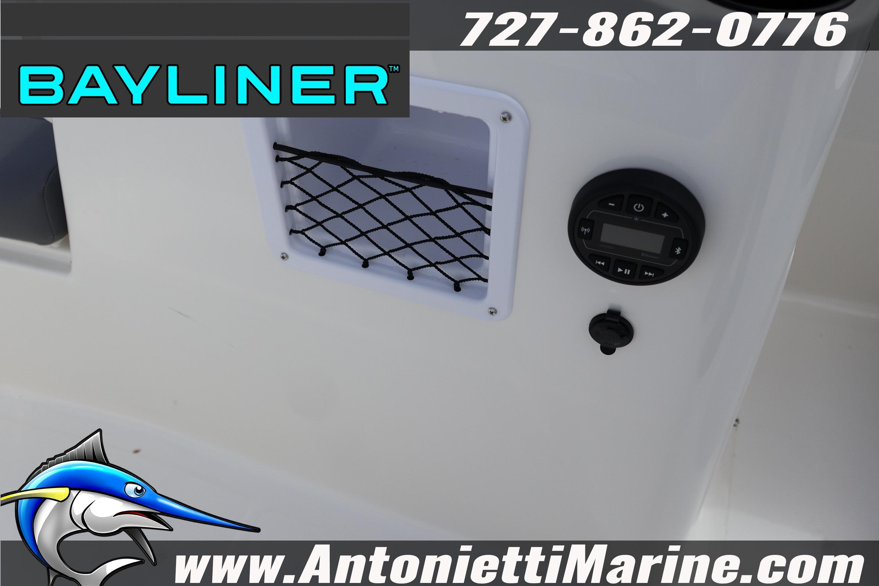 2026 Bayliner Element E16 boat dashboard with storage net and control panel.