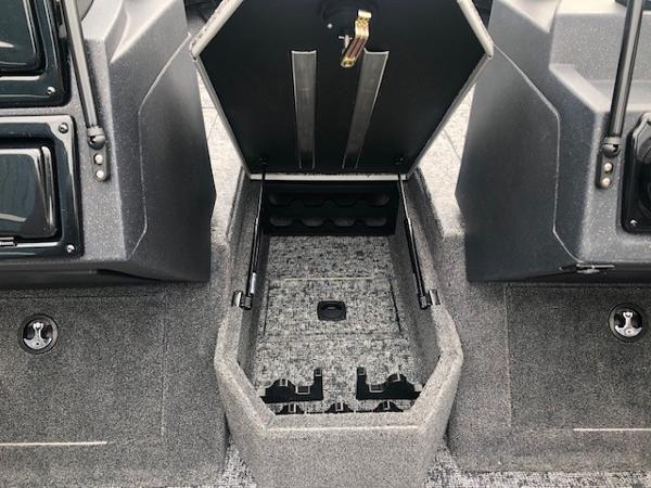 2025 Tracker Targa V18 Combo boat storage compartment, open and empty.