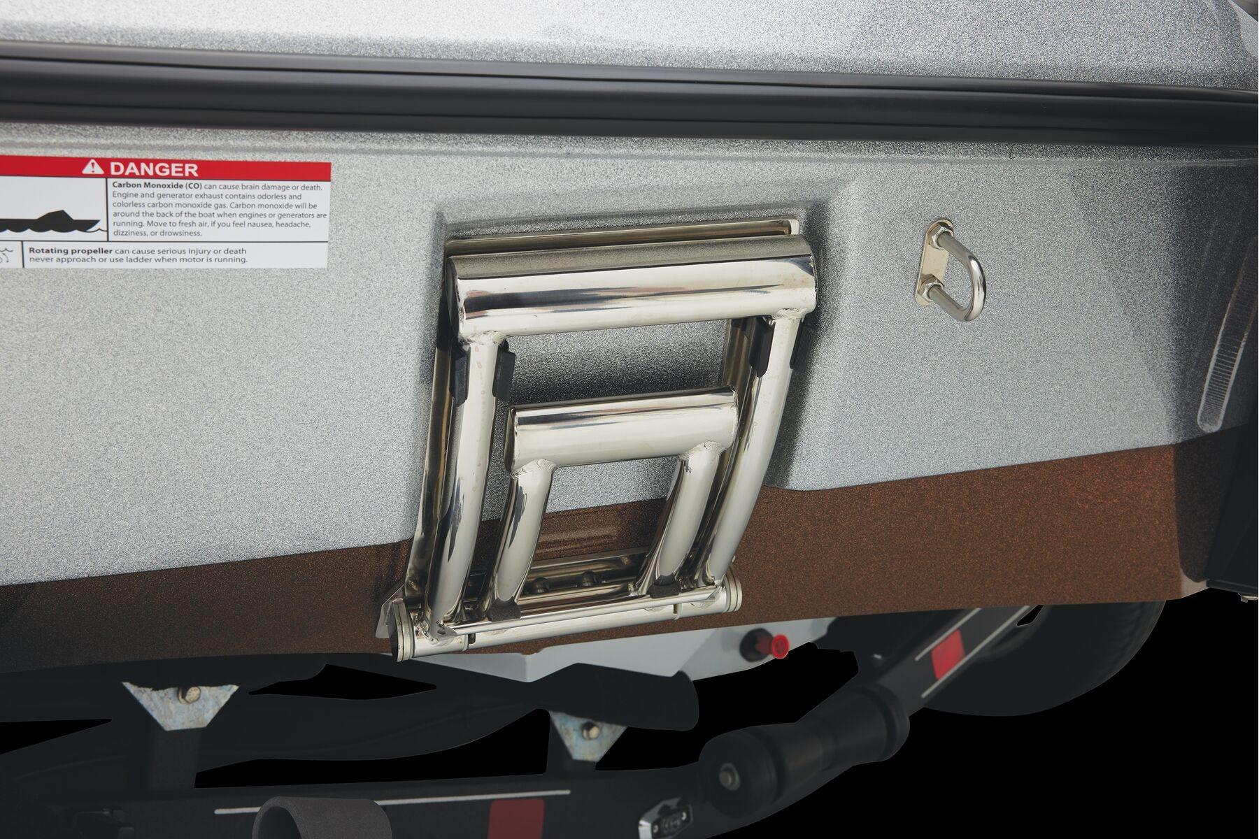 Manufacturer Provided Image: 2026 Ranger Z520R Ultra boat ladder and safety warning label.