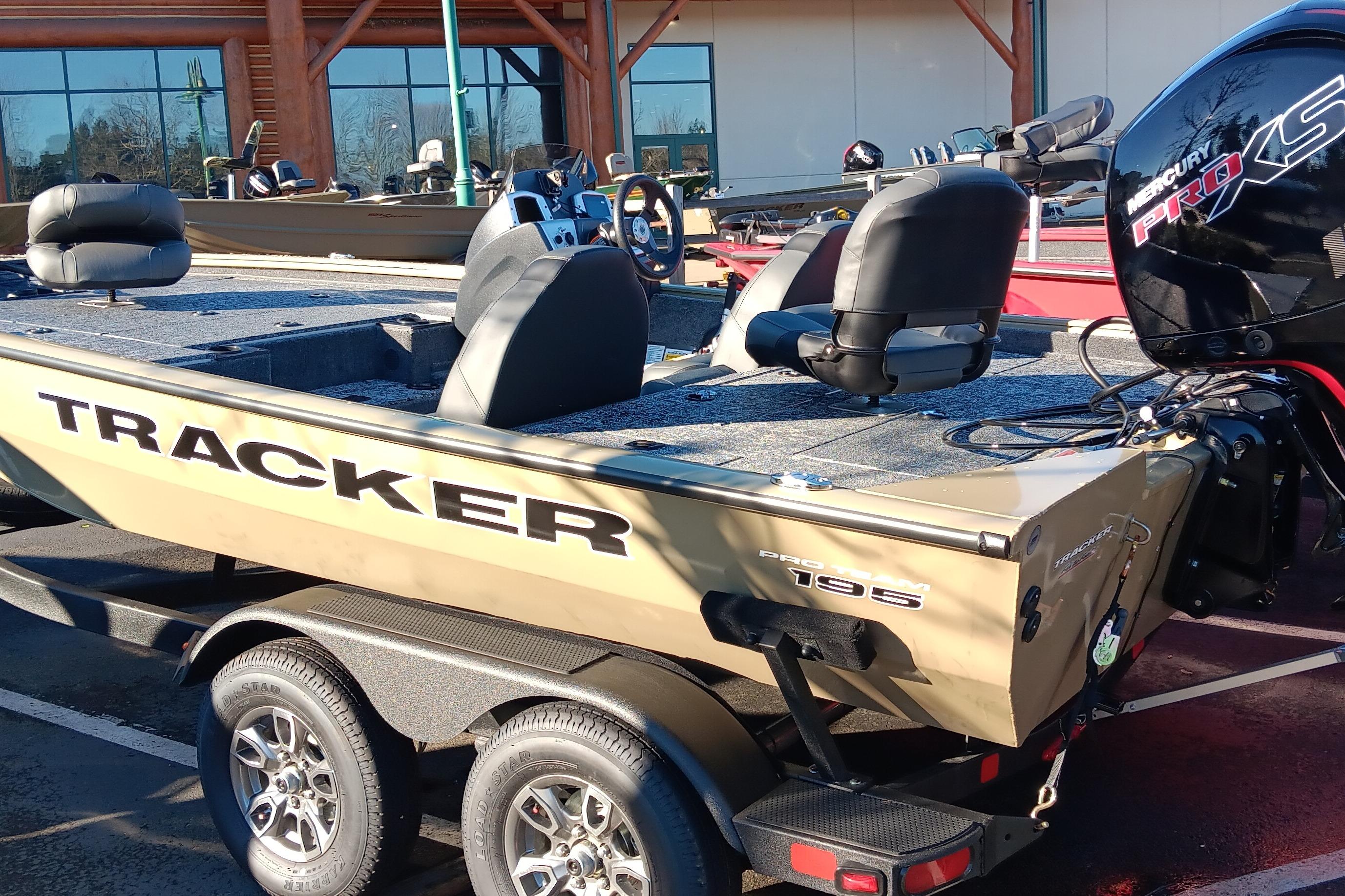 2026 Tracker Pro Team 195 boat with Mercury Pro XS engine on trailer.