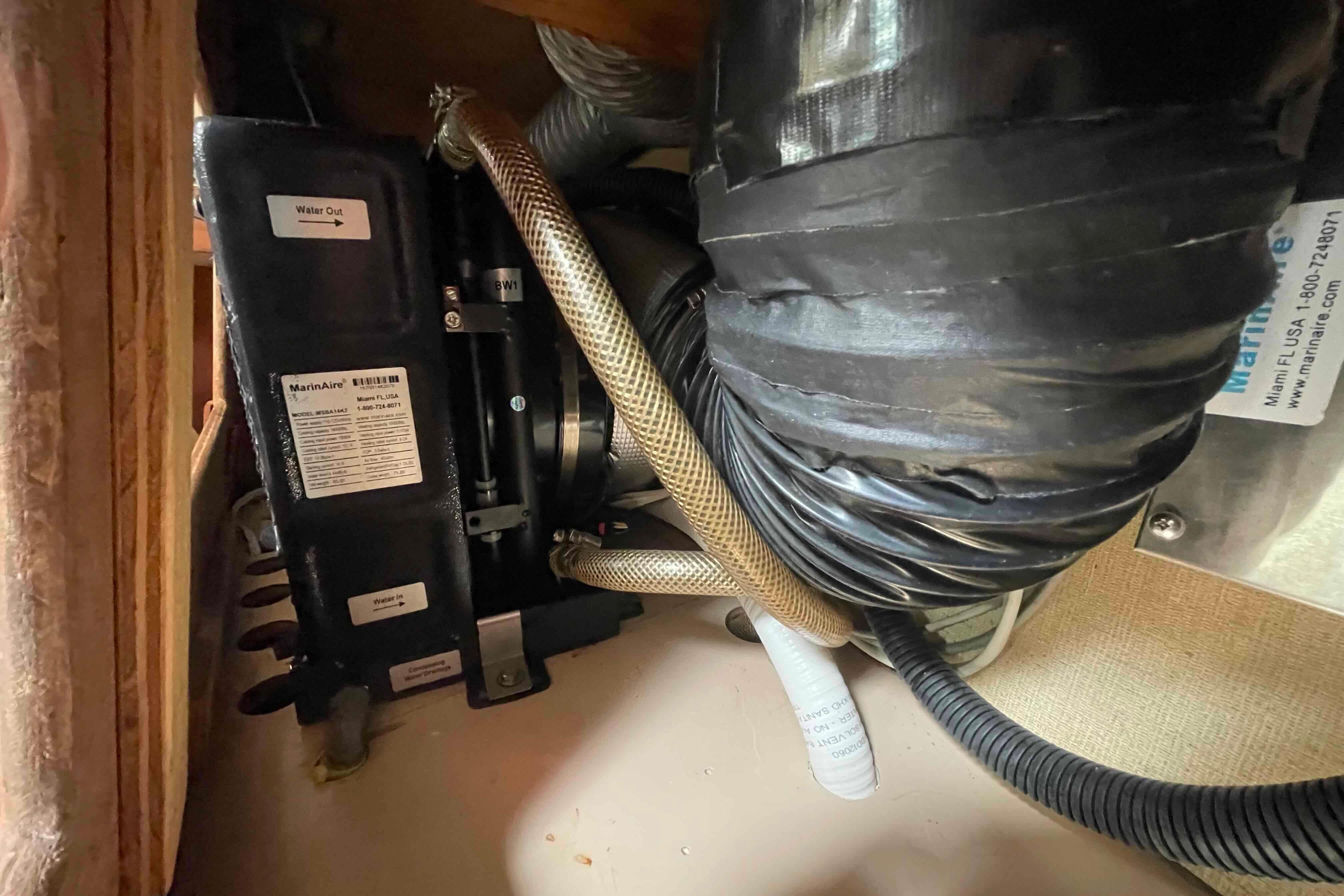1989 Island Packet 35 boat interior showing MarinAire unit and ductwork.
