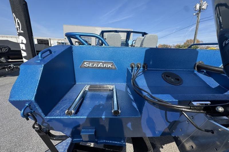 2026 SeaArk Dynasty 2.0 boat, blue exterior, rear view with brand logo.
