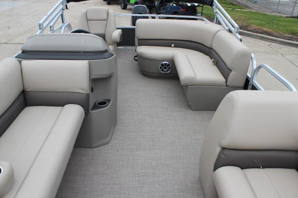 2025 Sun Tracker Party Barge 18 DLX interior with spacious seating and modern design.