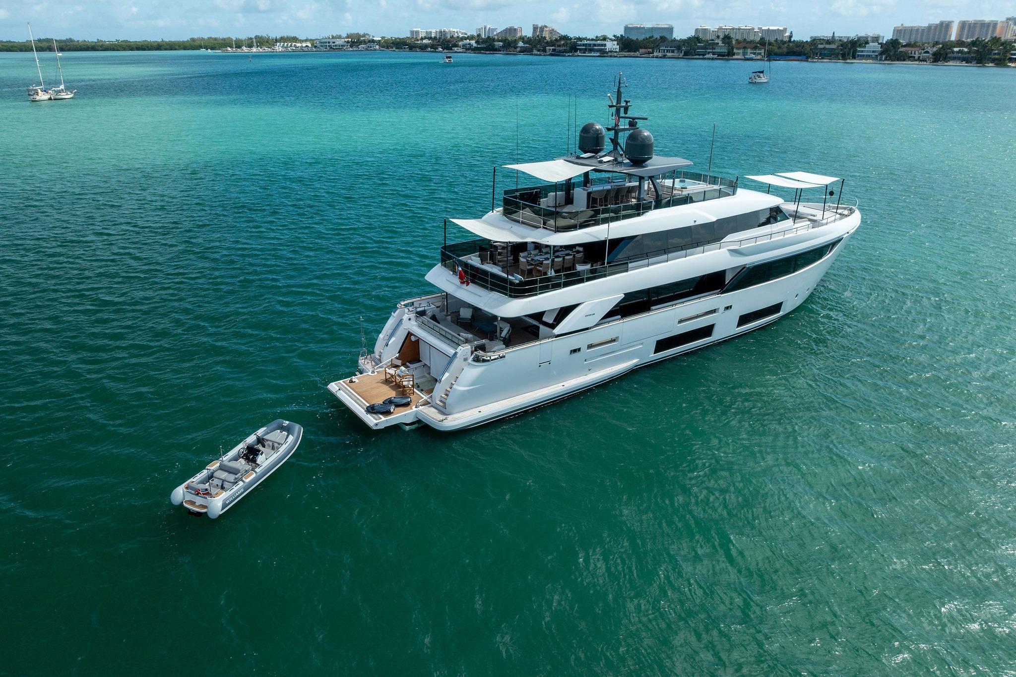 Luxurious 2023 Custom Line Navetta 33 yacht anchored in turquoise waters.