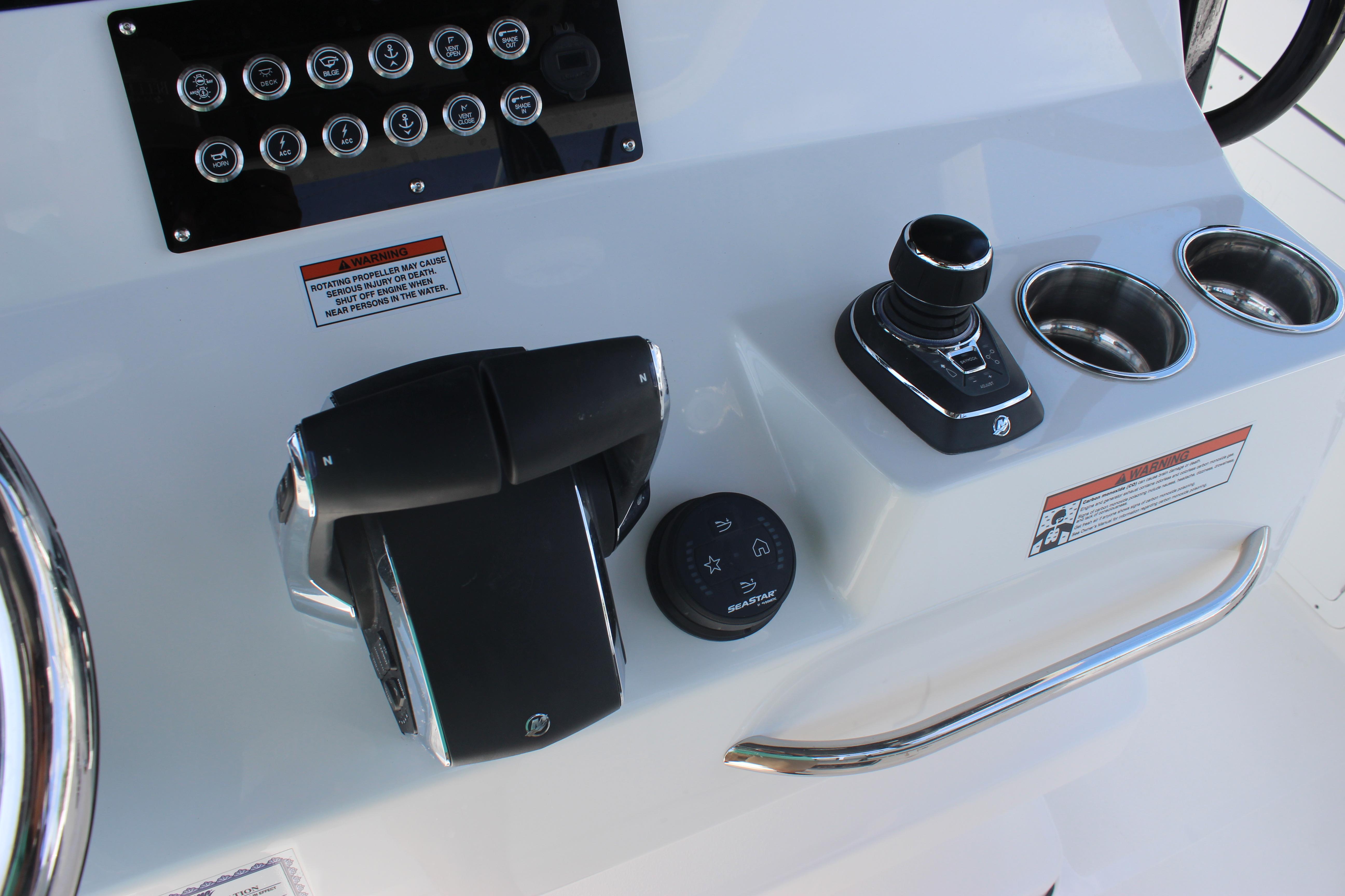 Control panel of 2023 Crevalle 33 CSF boat with joystick and throttle.