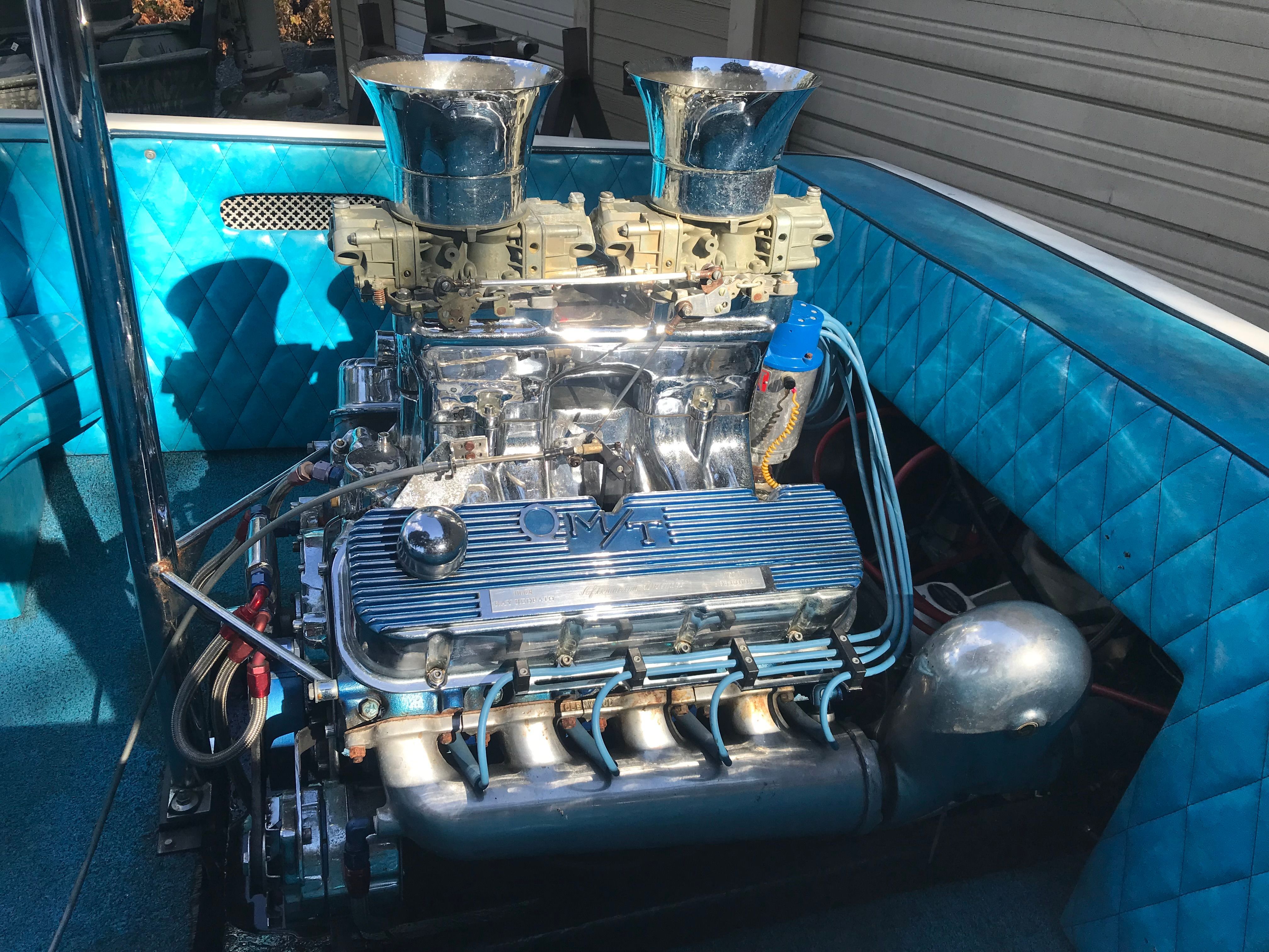 1976 Tahiti Day Cruiser engine with blue upholstery.