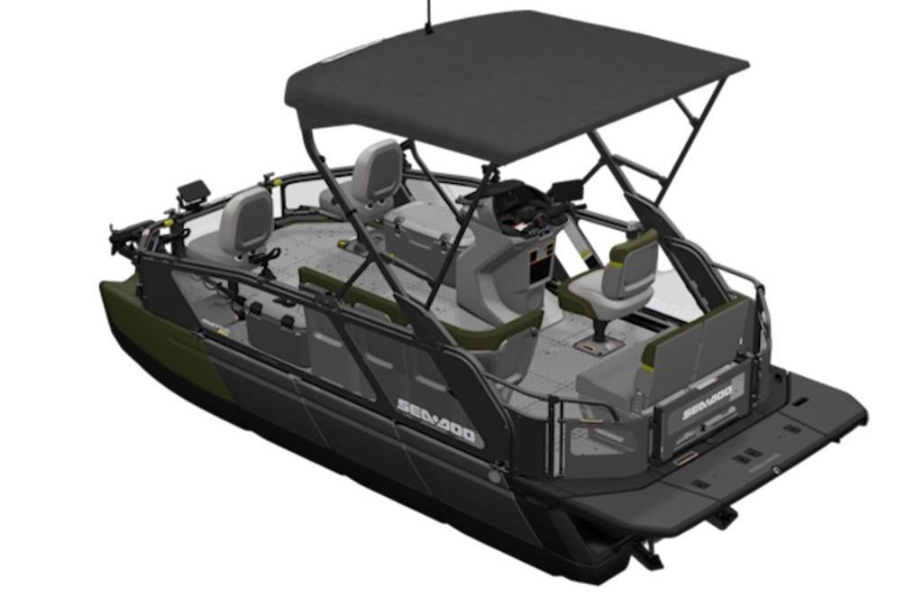 2026 Sea-Doo Switch Fish 18 pontoon boat with canopy and seating arrangement.