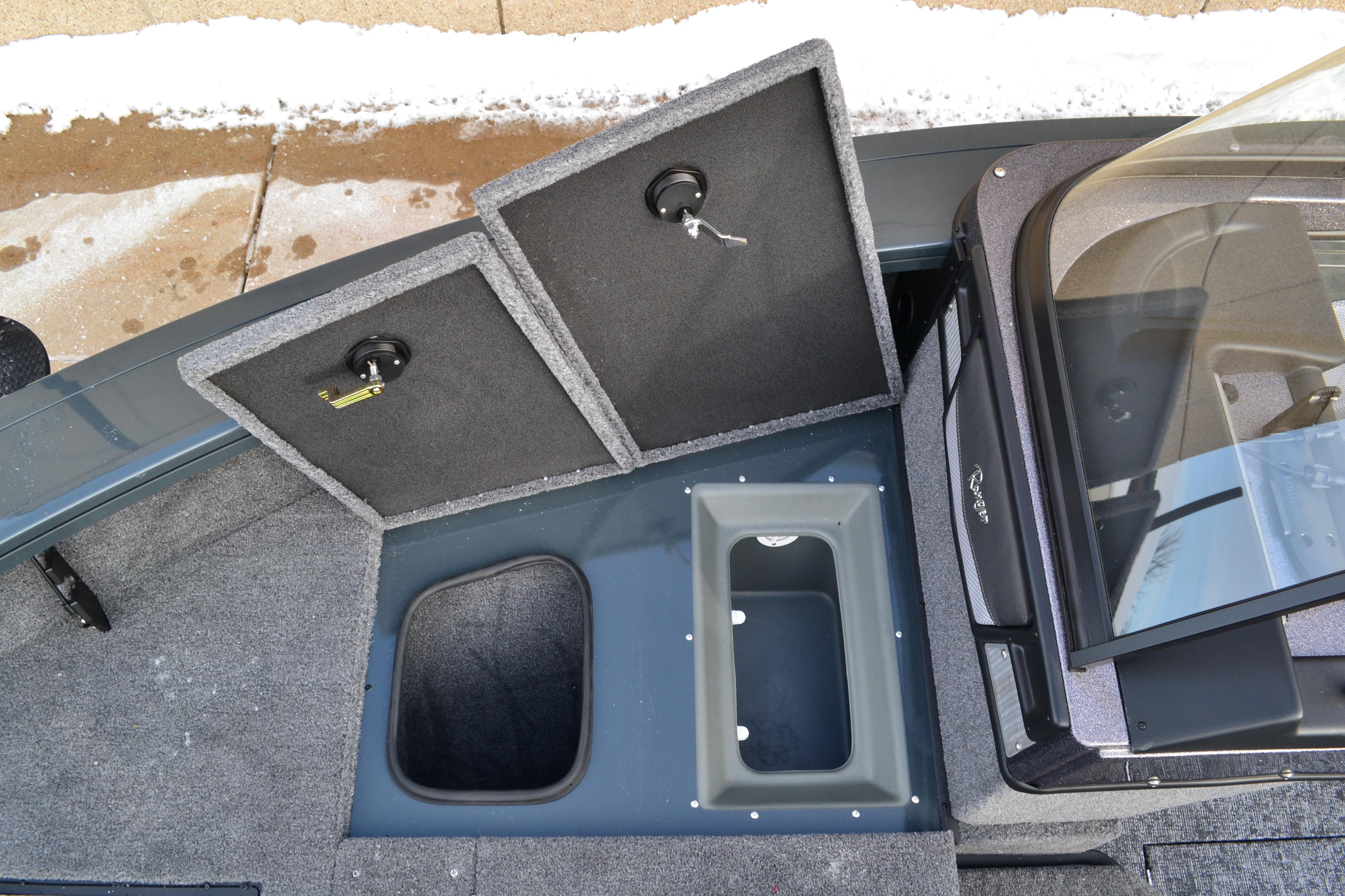 2026 Ranger VX1888 WT boat interior with storage compartments and windshield.