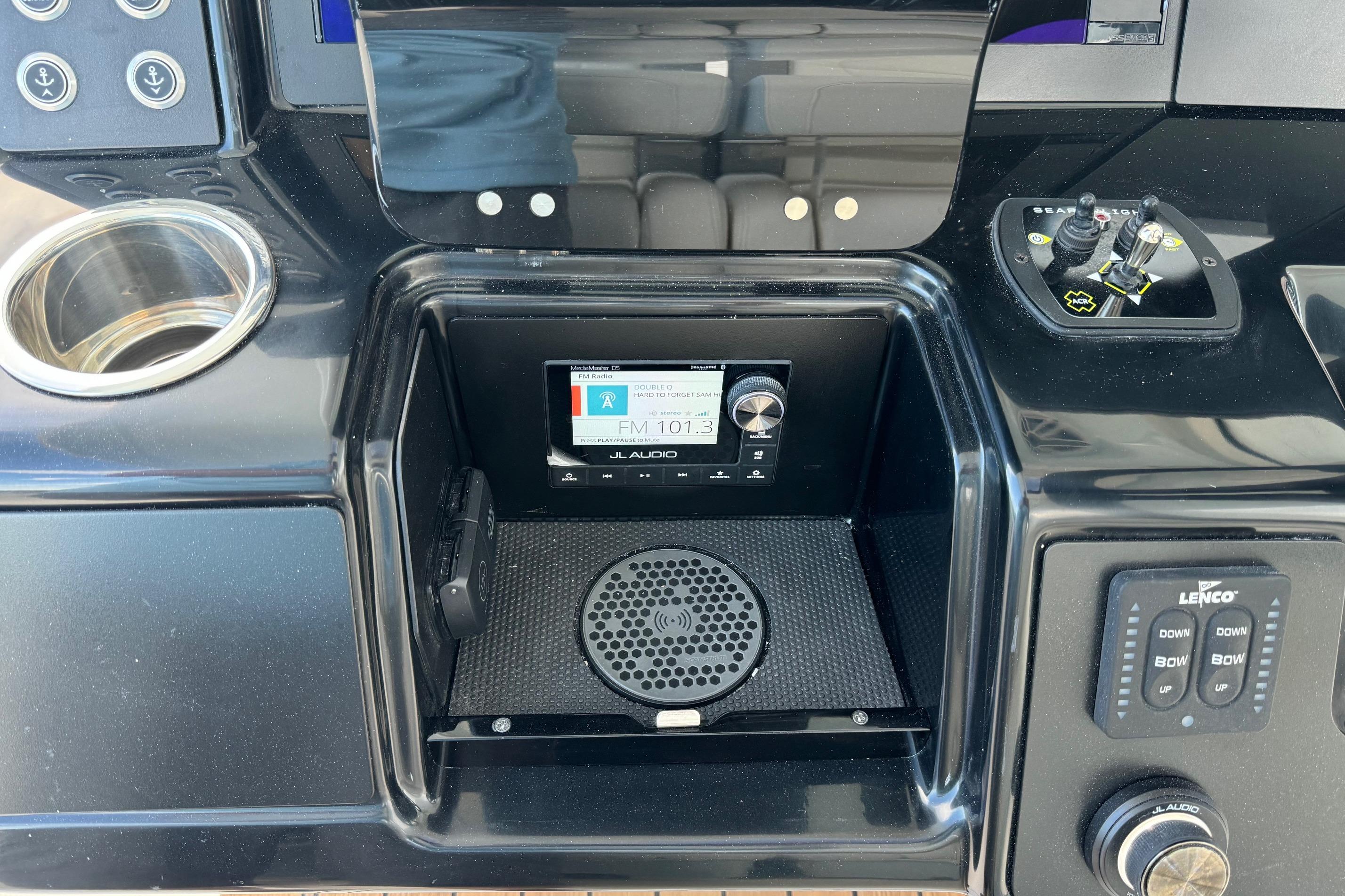 2025 Robalo R360 Center Console dashboard with JL Audio system and control panel.