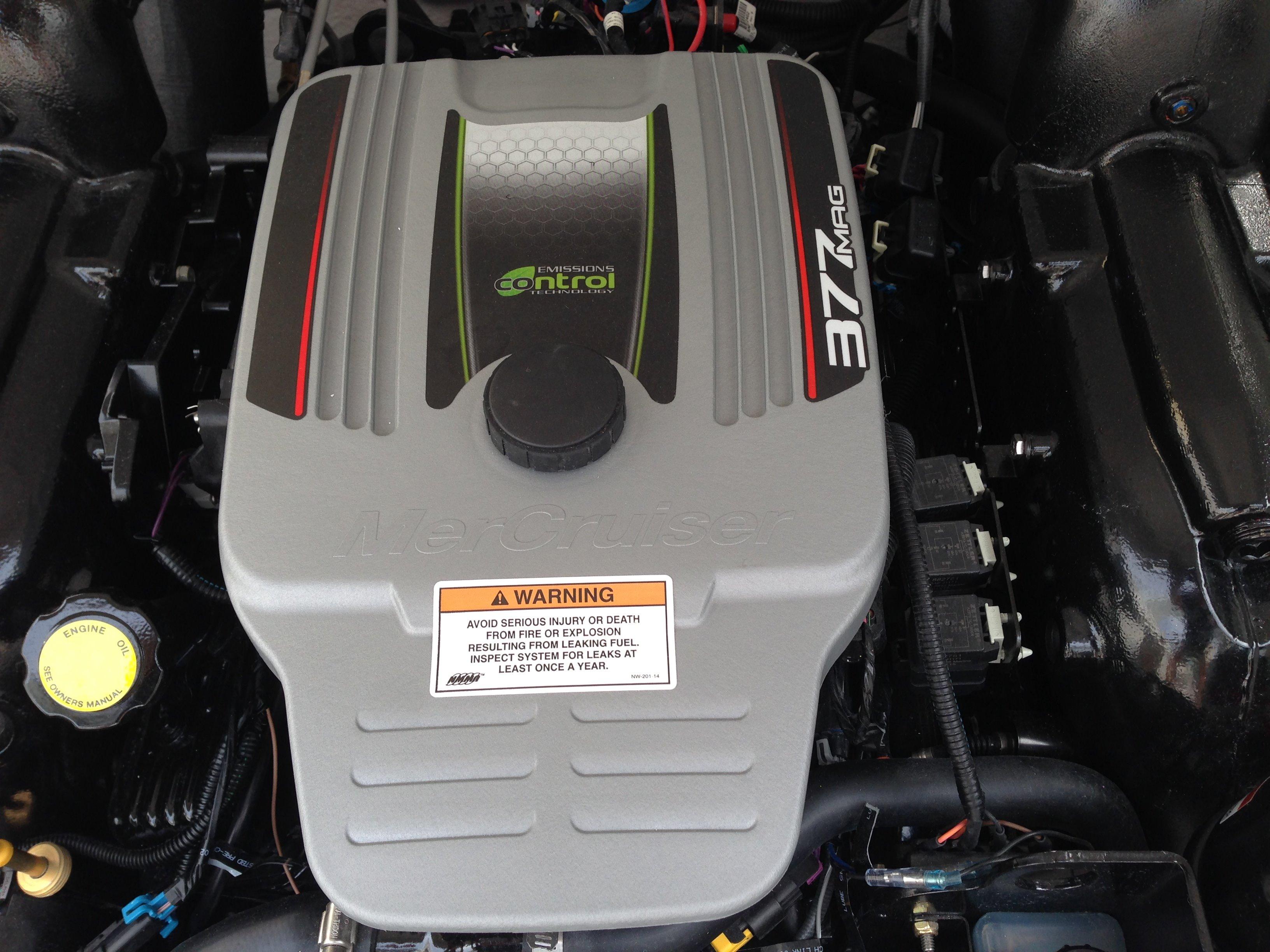 Engine of a 2016 Crownline 285 SS boat, 377 Mag model.