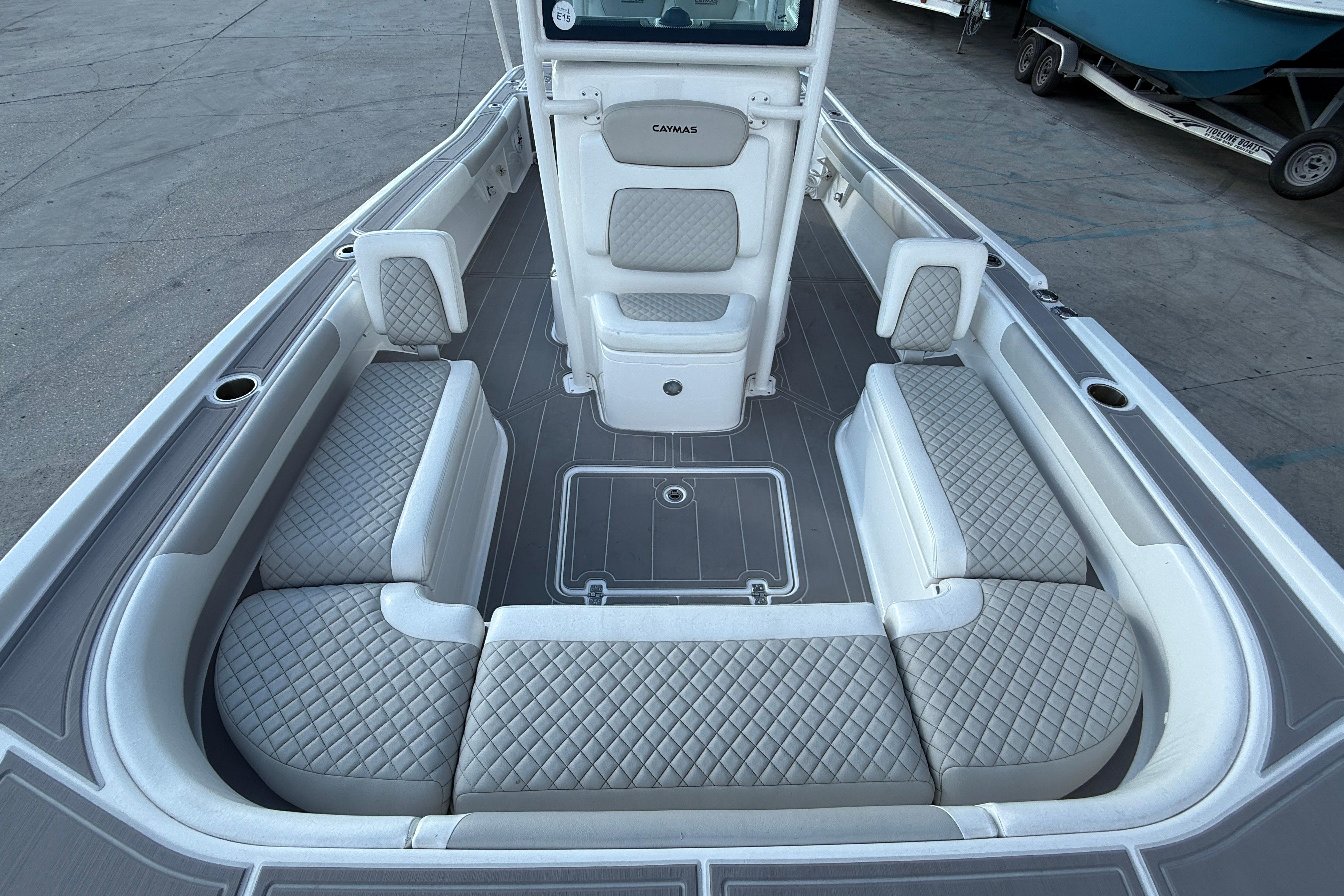 2022 Caymas 28 HB Twin boat interior with quilted seating and spacious layout.