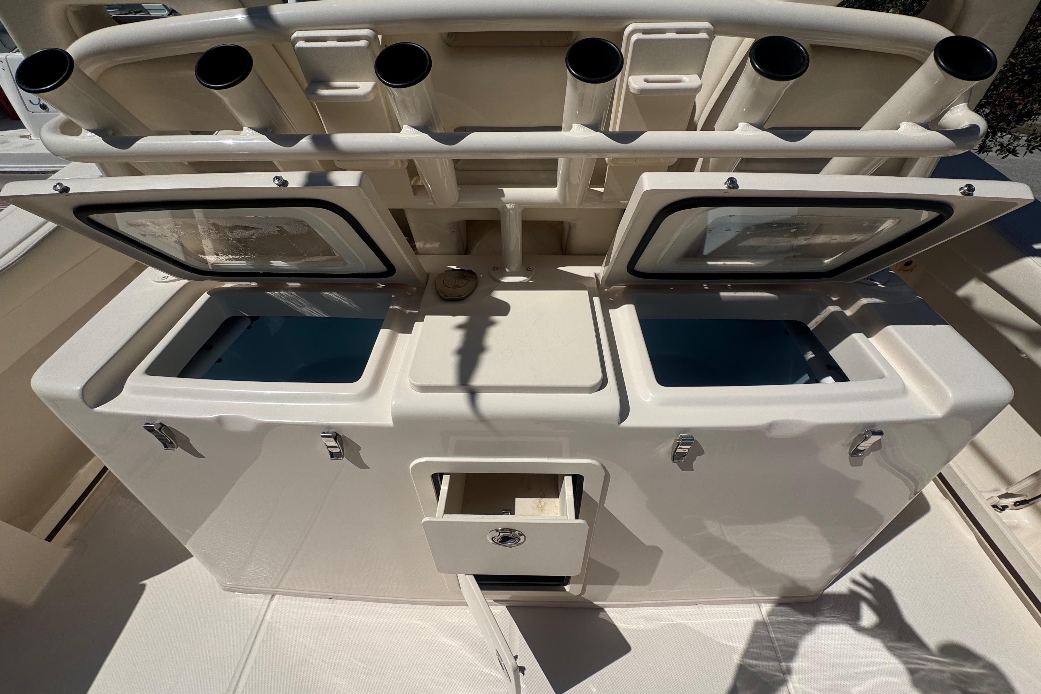 2024 Grady-White Canyon 336 fishing station with rod holders and storage compartments.
