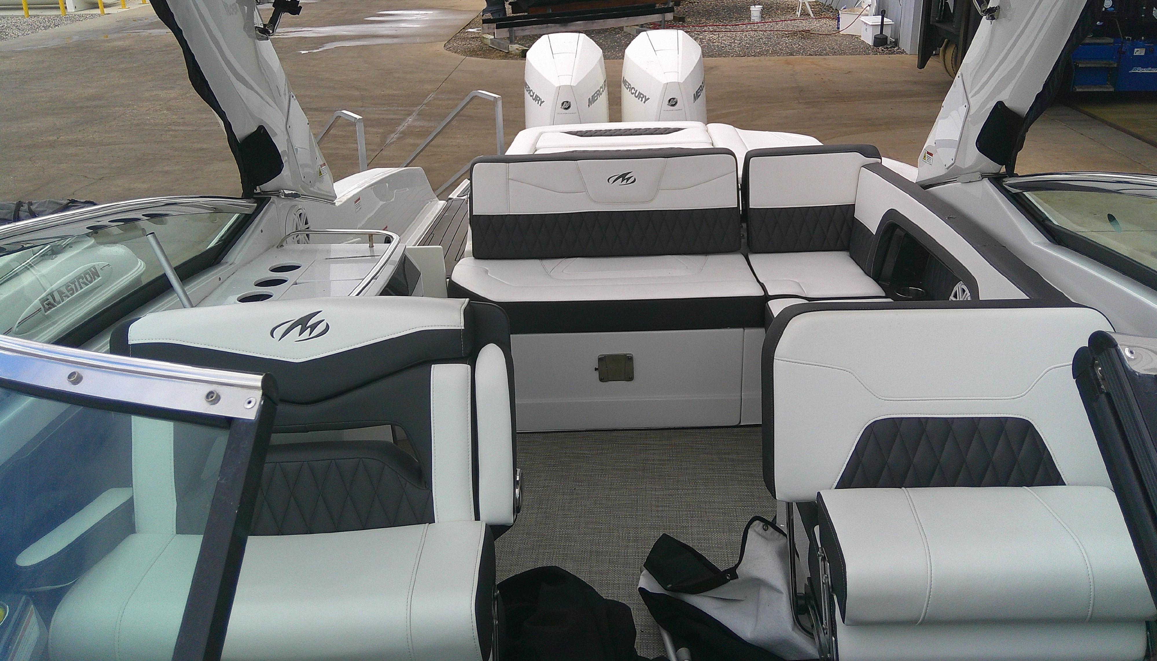 2020 Monterey 305 Super Sport boat interior with luxurious seating and modern design.