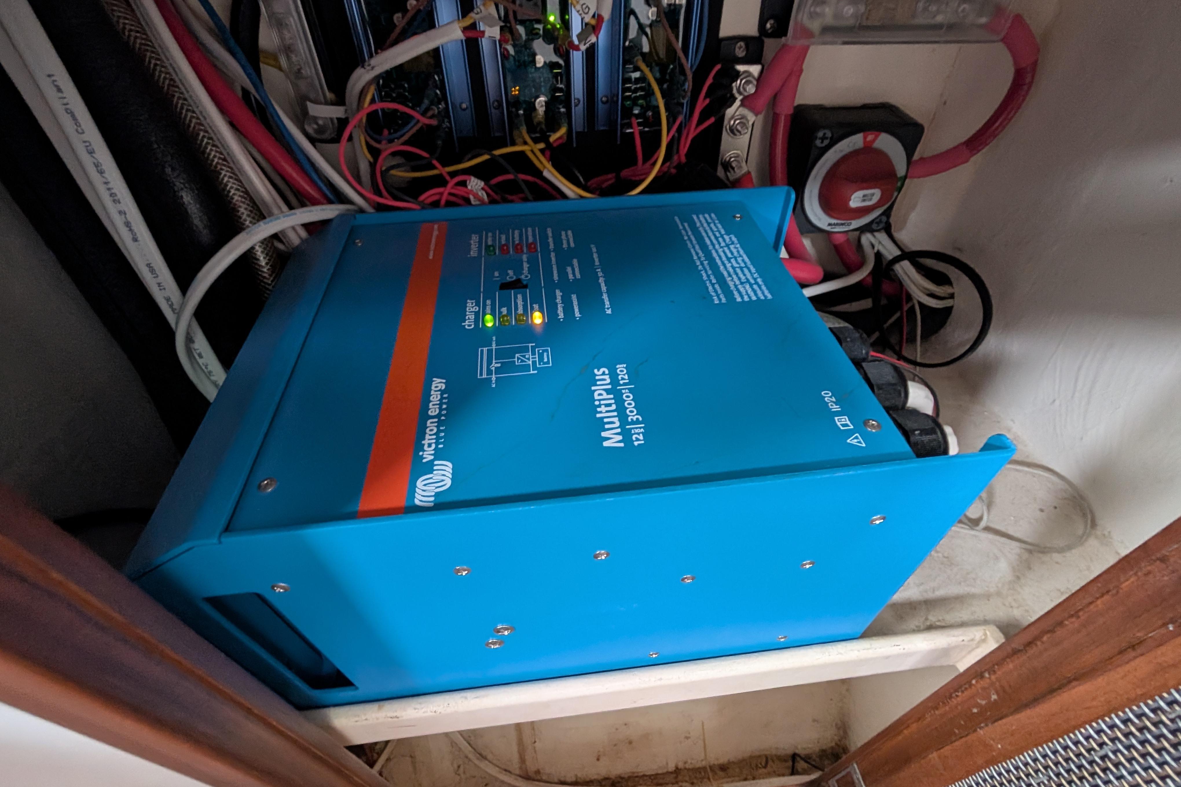 Victron Energy MultiPlus inverter in 1999 Island Spirit 37 yacht electrical compartment.