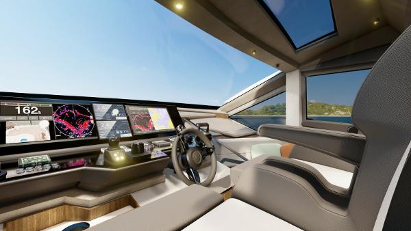 Luxurious interior of 2025 Aicon Vivere 68 yacht with advanced navigation displays.