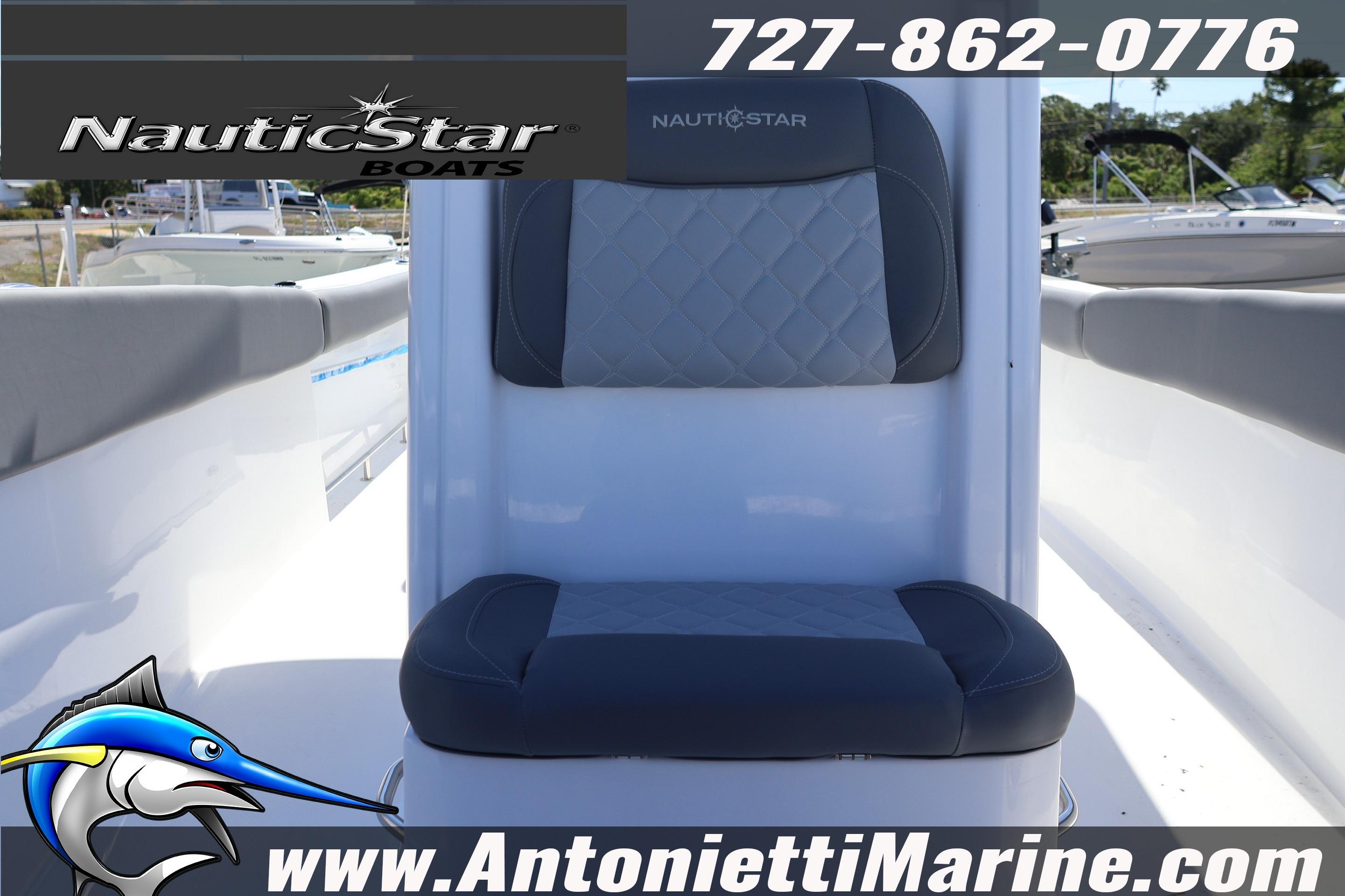 2026 NauticStar 292 Legacy boat seat with logo and contact details.