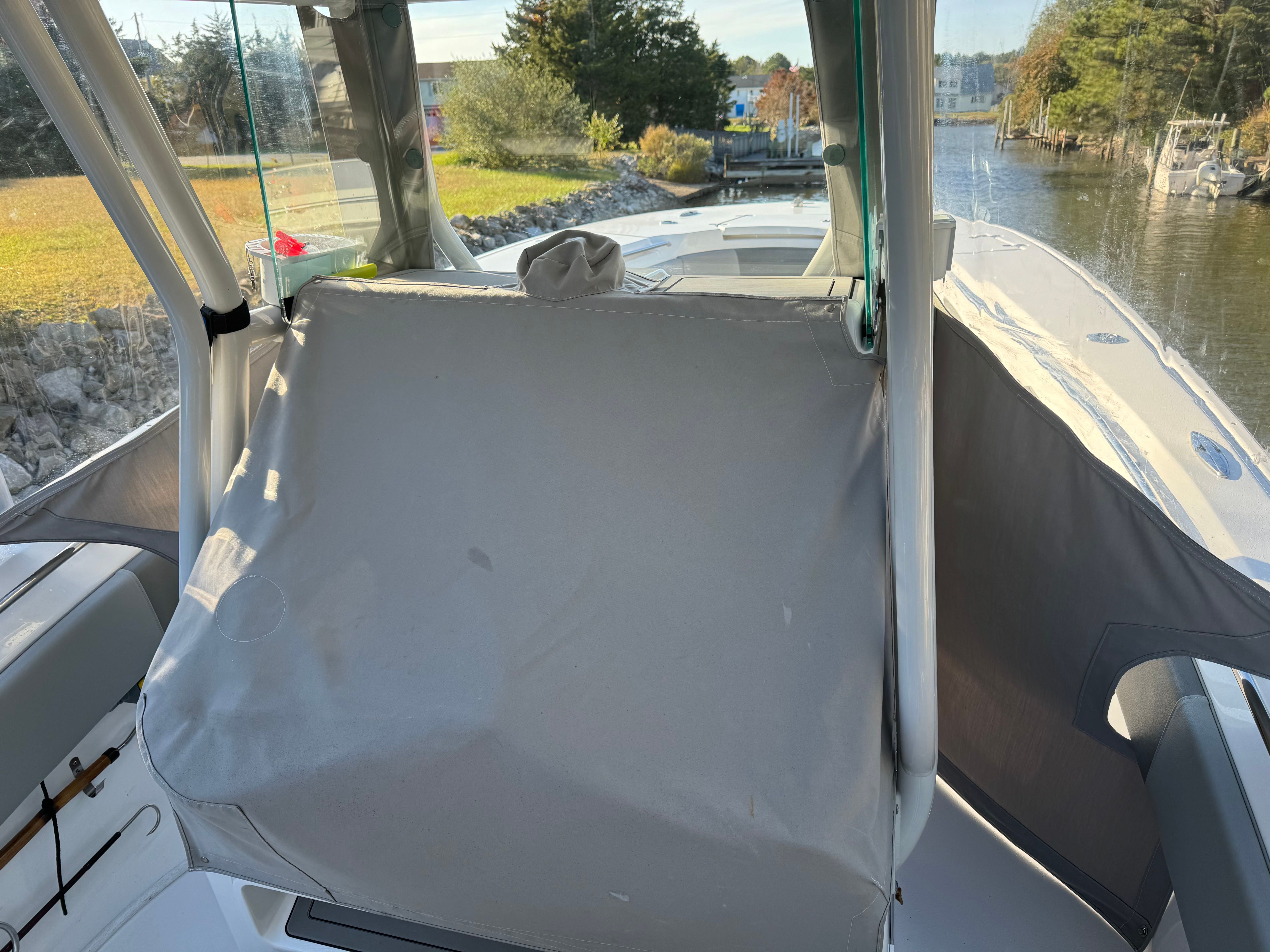 Interior view of a 2021 Cape Horn 32 XS boat by the water.