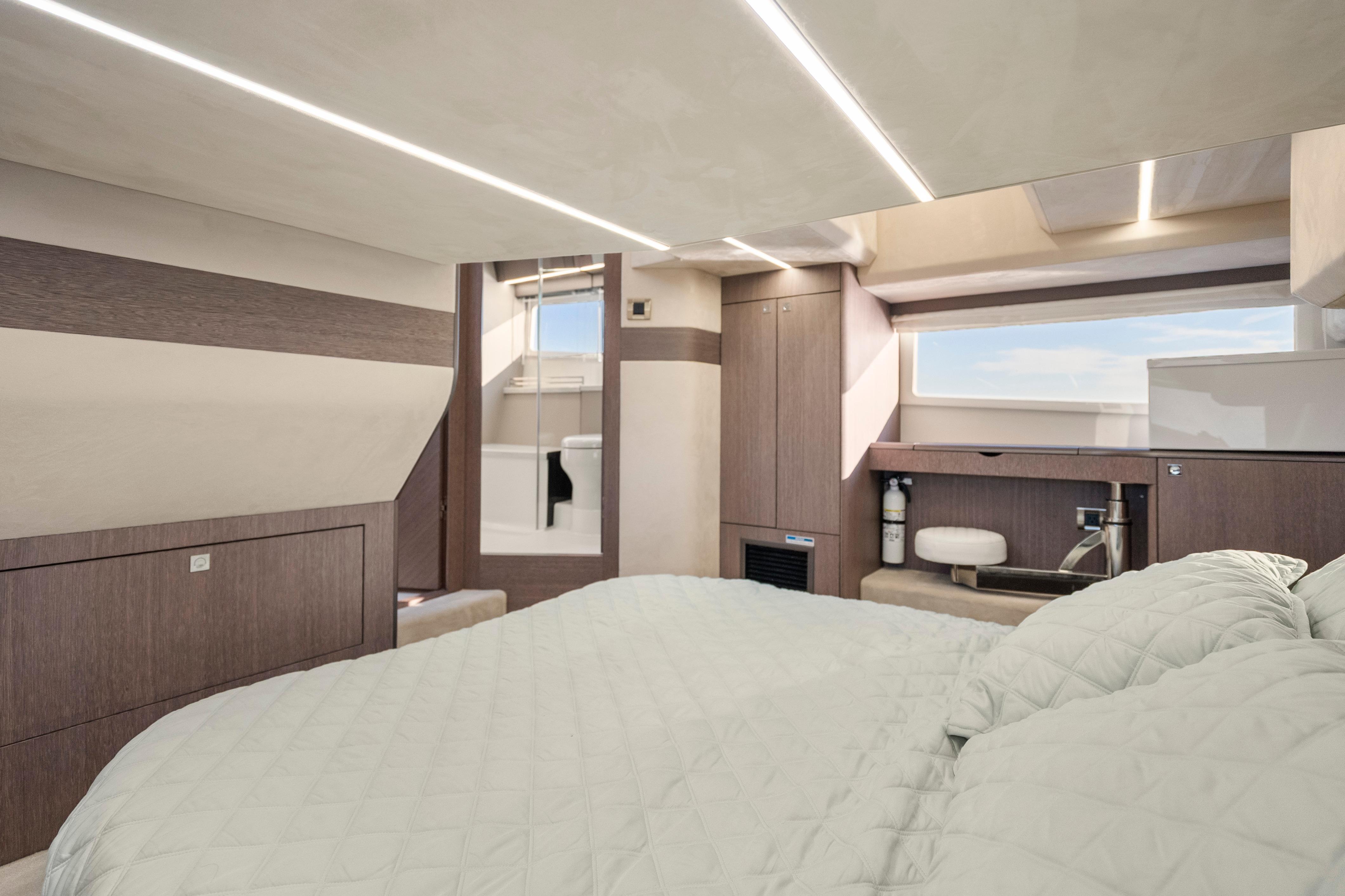 Luxurious interior cabin of 2023 Galeon 400 Fly yacht with modern design elements.