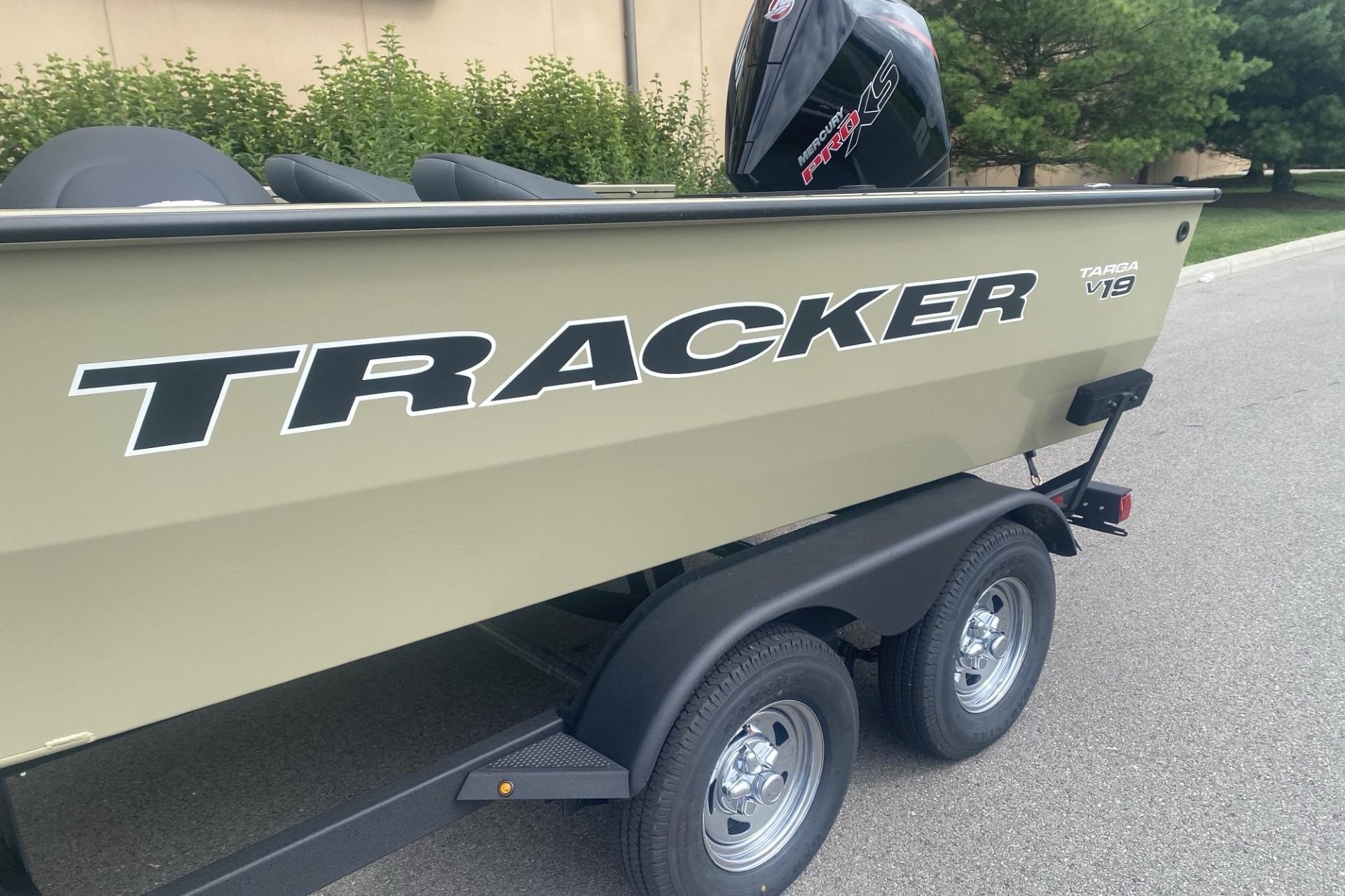 2026 Tracker Targa V-19 WT boat on trailer, side view.
