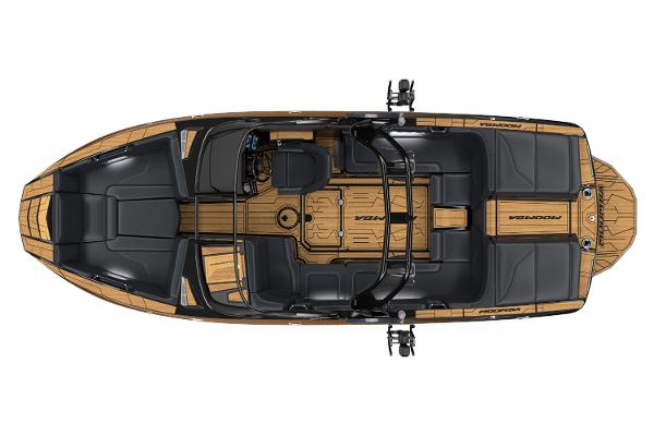 Manufacturer Provided Image: 2025 Moomba Mojo boat, top view, featuring sleek black seating and wooden deck design.