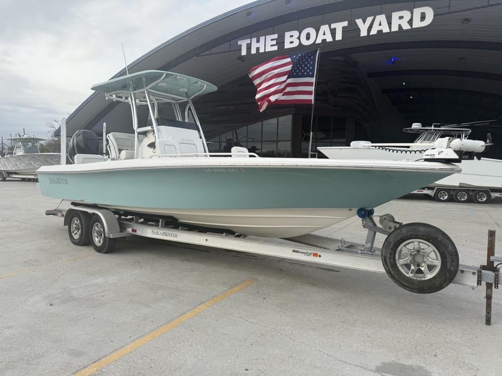 2017 ShearWater 270 Carolina Flare boat on trailer at The Boat Yard.