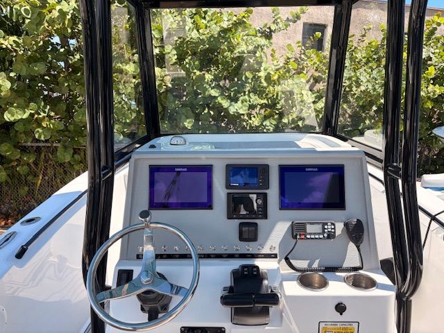 Helm console of a 2022 Release 240 RX boat with electronics.