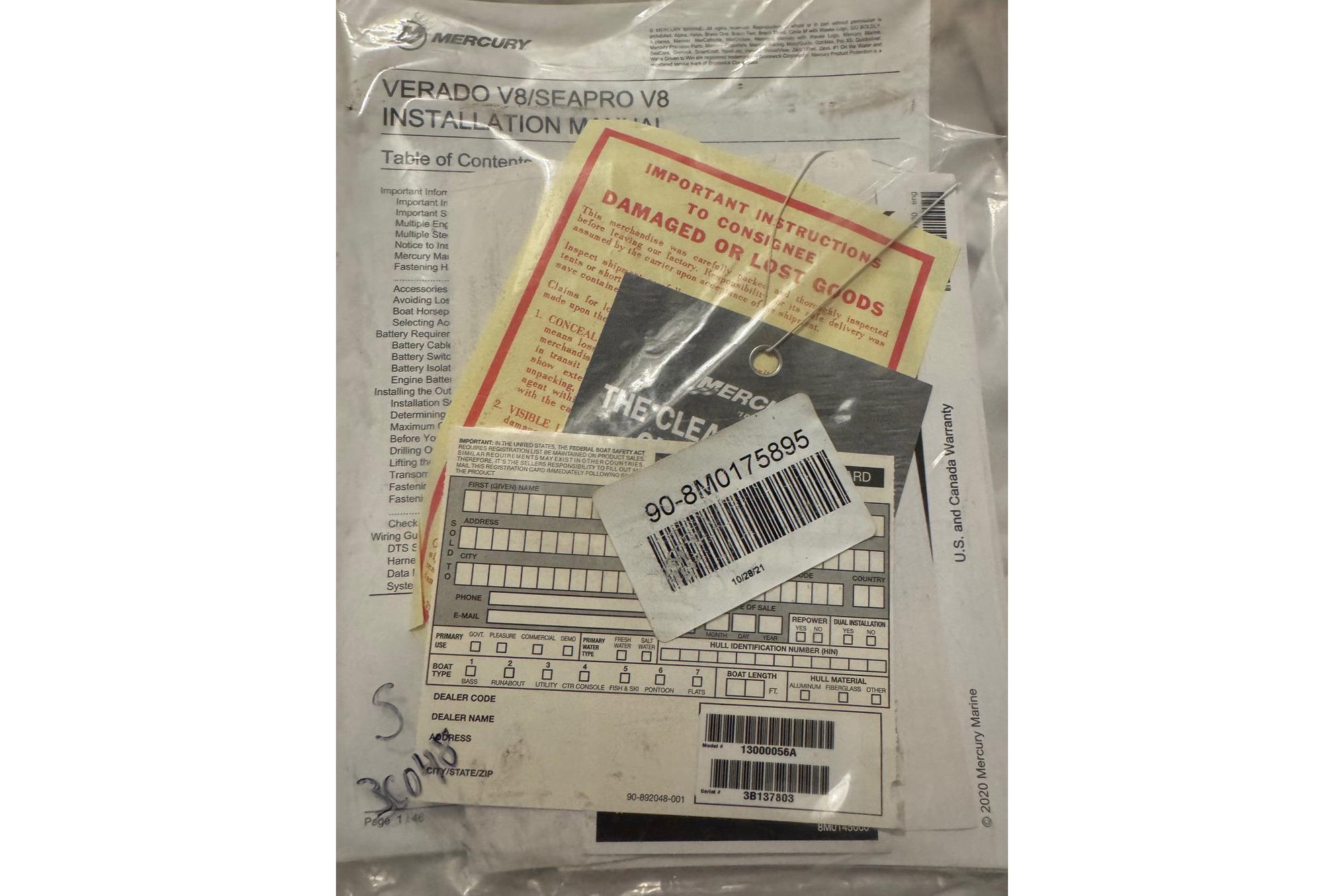 Instruction manuals and warranty documents for Mercury Verado V8/SeaPro V8, 2022 Cobalt R30.