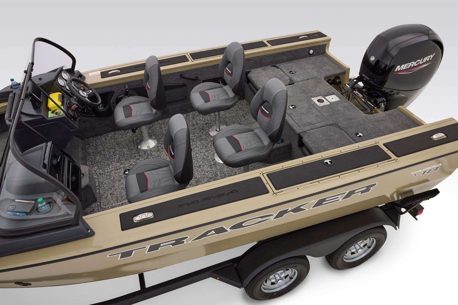 2026 Tracker Targa V-18 Combo boat interior with seating and Mercury engine.