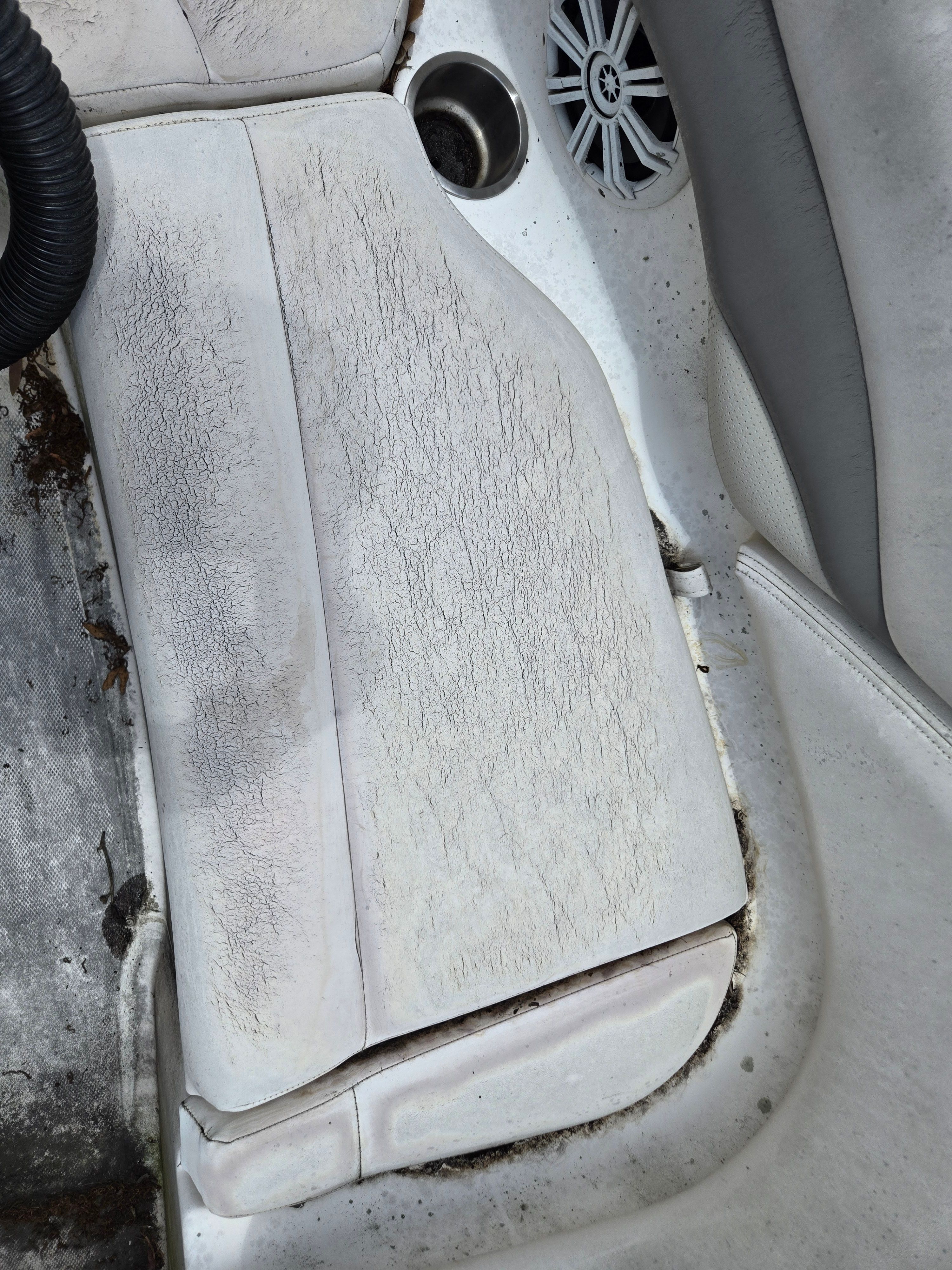 Close-up of a worn white boat seat with speaker and cup holder.