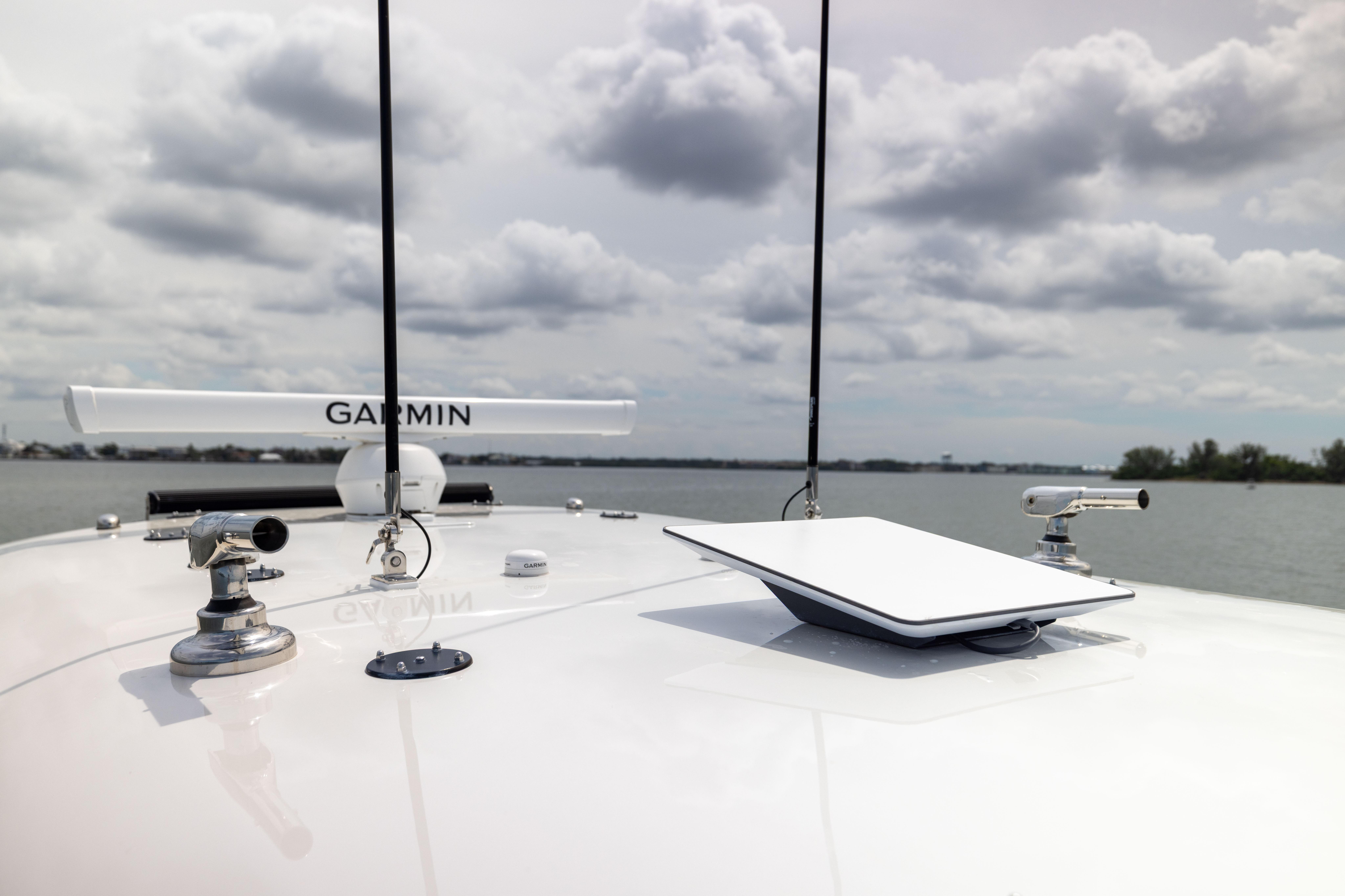 Rooftop of 2025 Freeman 42 LR boat with Garmin radar and antennas.
