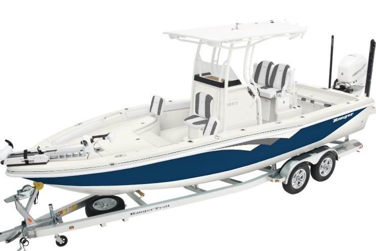 2025 Ranger 2510 Bay boat on trailer, featuring sleek design and modern amenities.