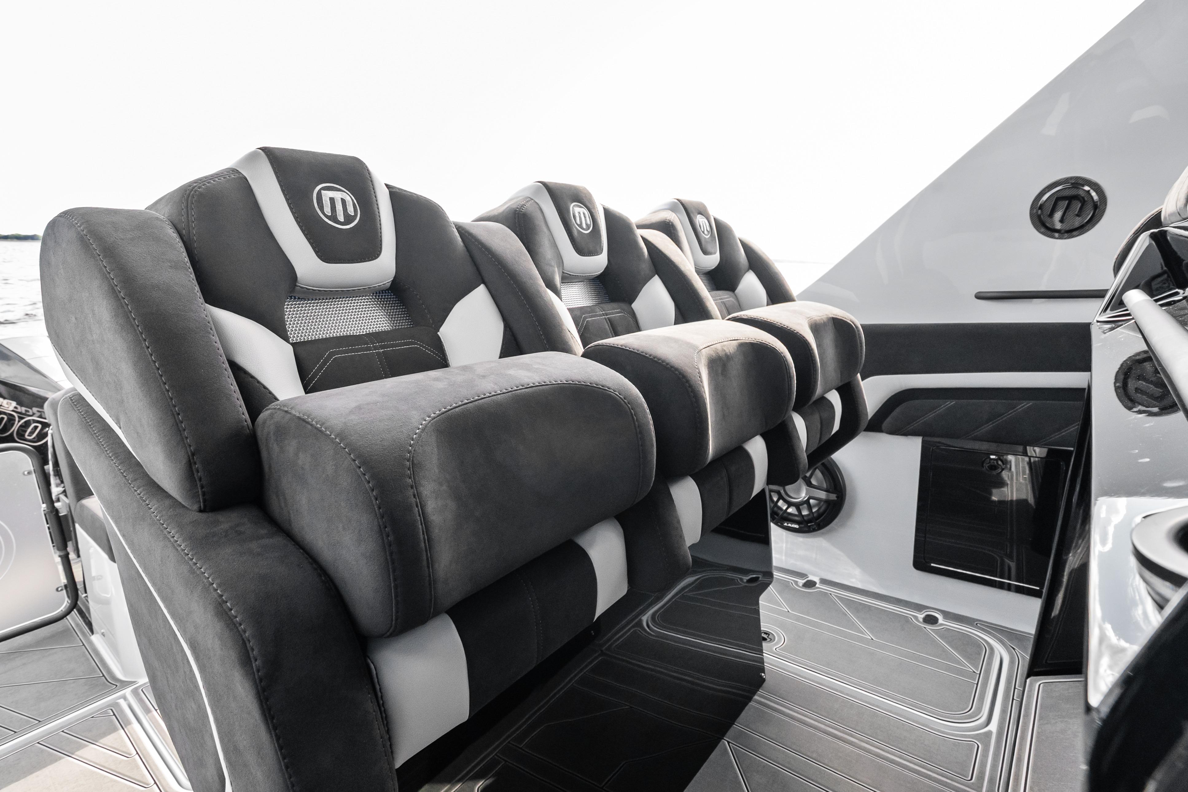 Luxurious seating on 2027 Mystic Powerboats M4200, featuring sleek design and premium materials.