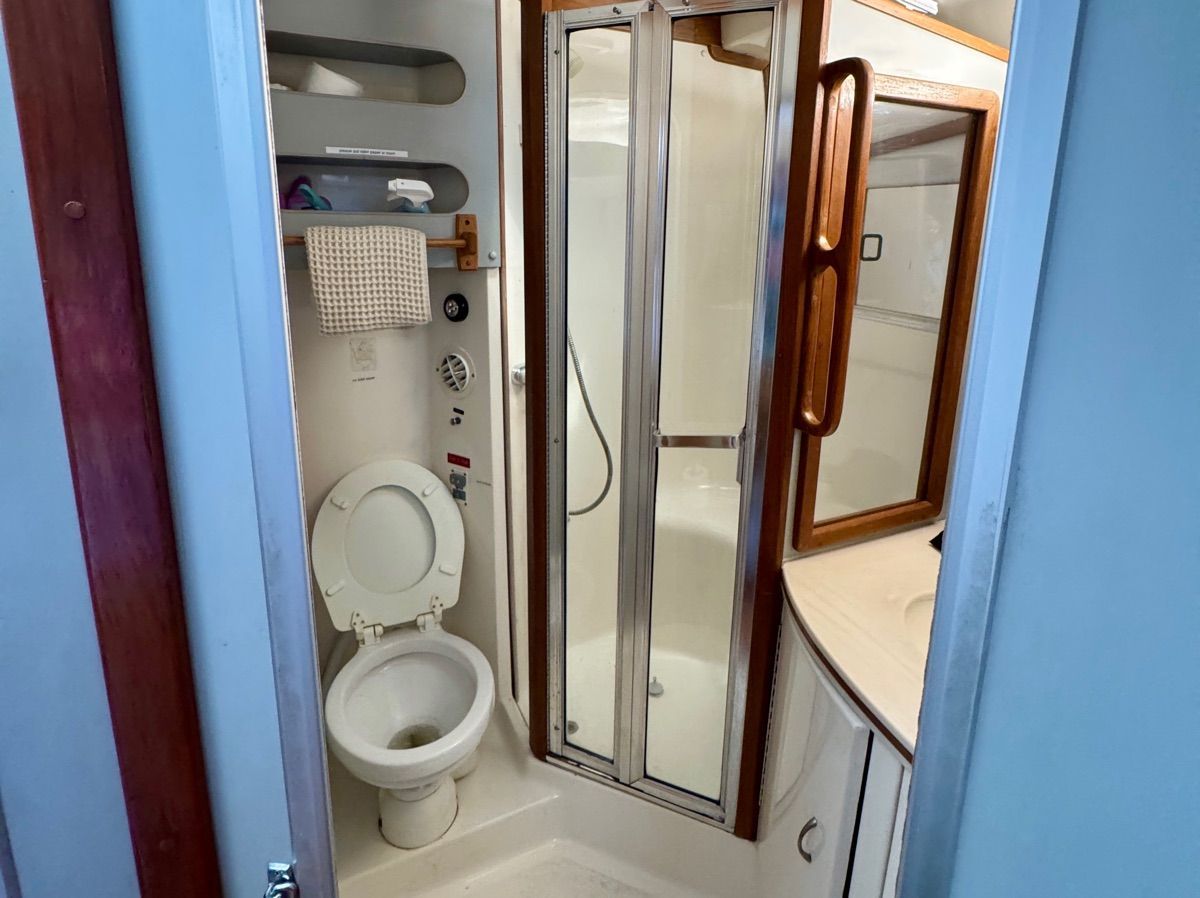 Bathroom with toilet, shower, and sink inside a boat.