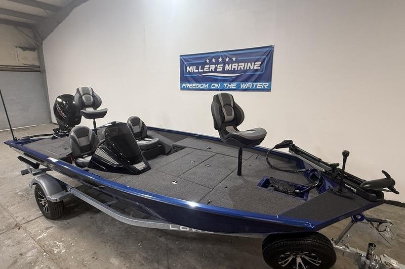 2026 Lowe Stinger 175C fishing boat displayed at Miller's Marine showroom.