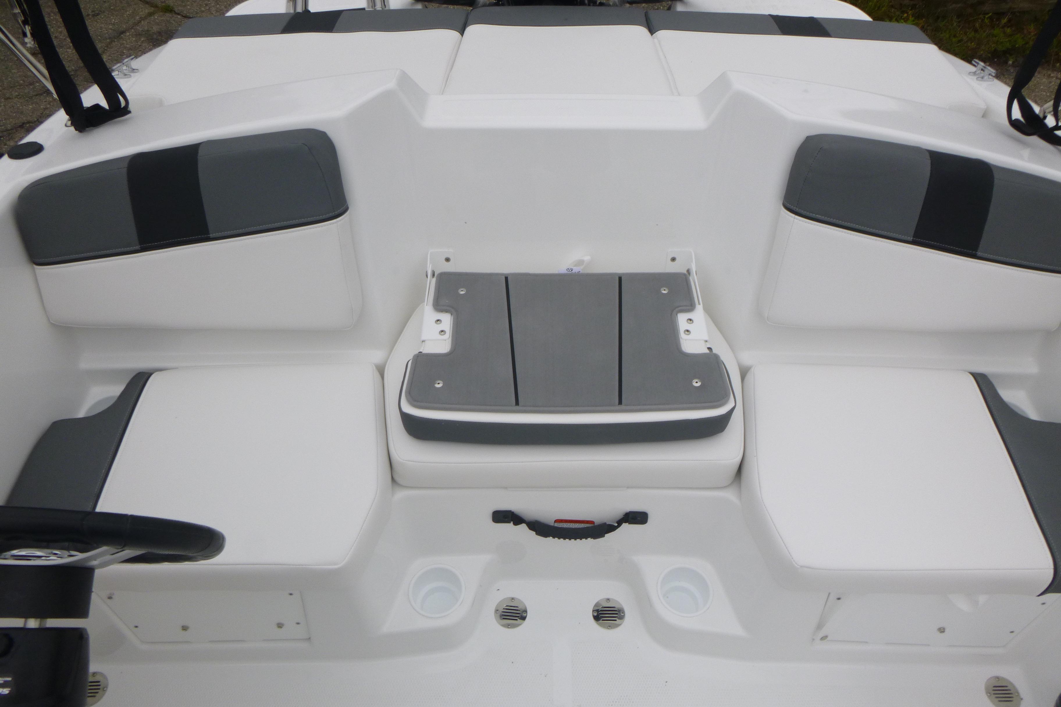 2026 Tahoe T16 boat interior with gray and white seating arrangement.