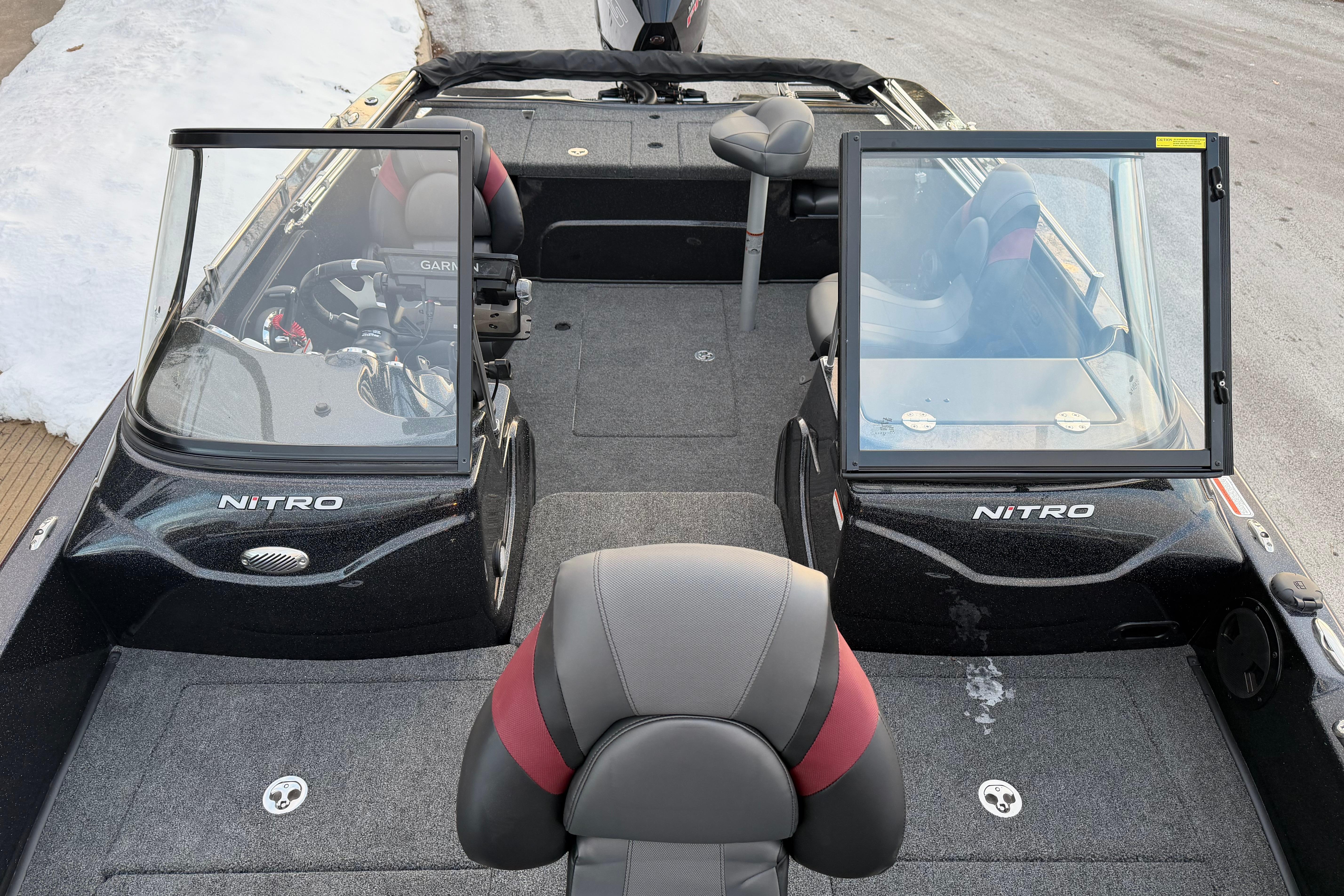 2026 Nitro ZV19 Sport Pro boat interior with dual consoles and seating.
