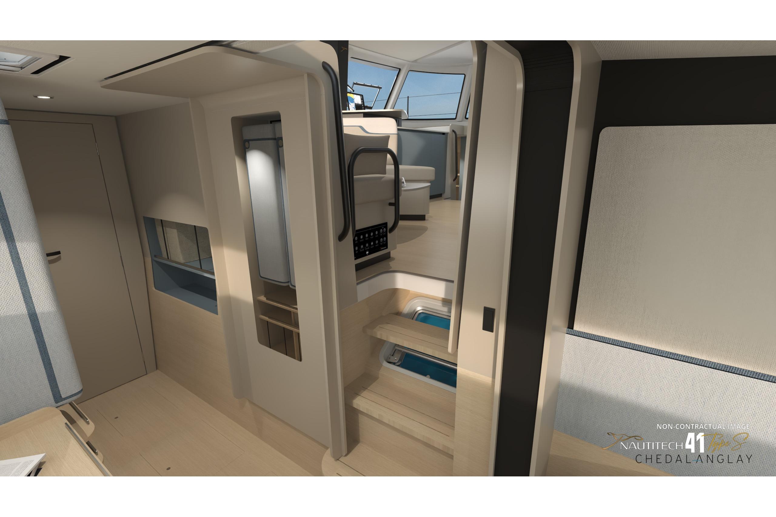 Interior of Nautitech 41 Type S 2026 with modern staircase.