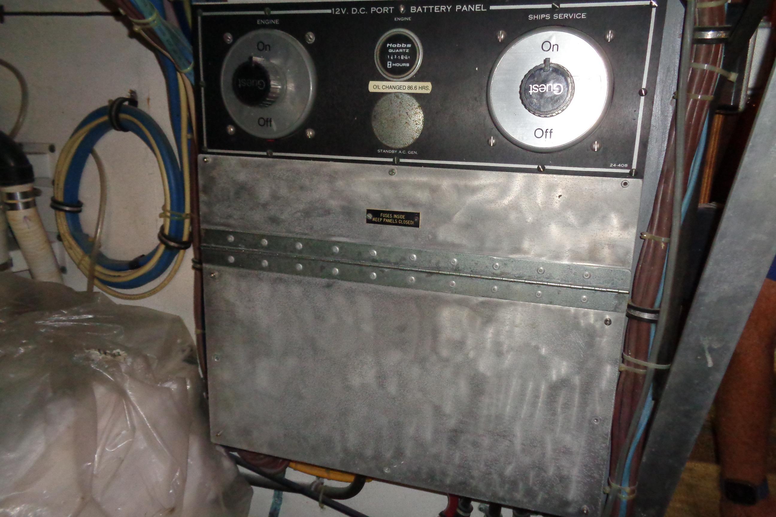 1981 Hatteras 48 Cockpit Motor Yacht battery panel with switches and wiring.
