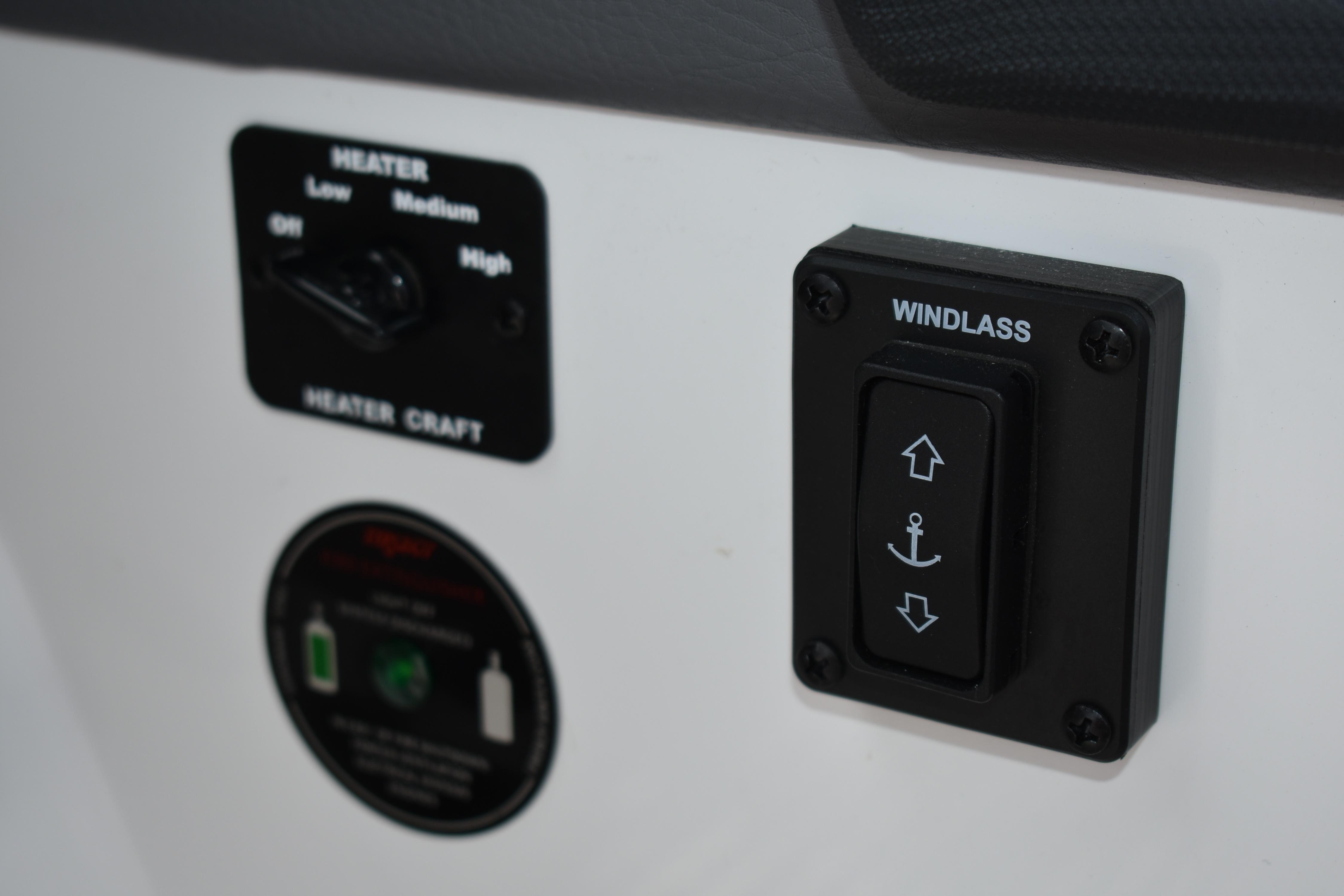 Control panel of 2023 Cobalt R8 featuring heater and windlass switches.