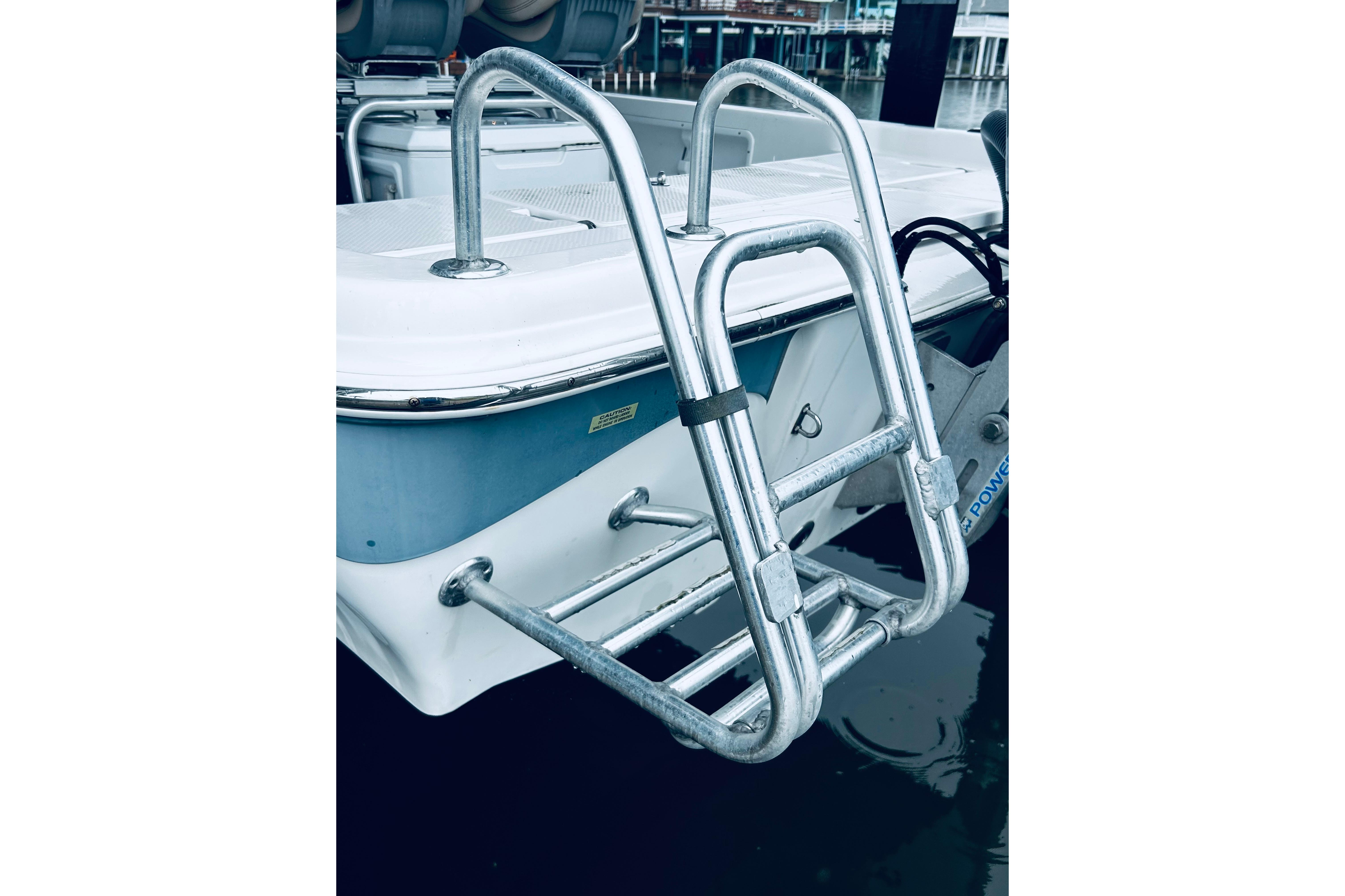2017 Blue Wave 2200 PureBay boat with a metal boarding ladder at the stern.