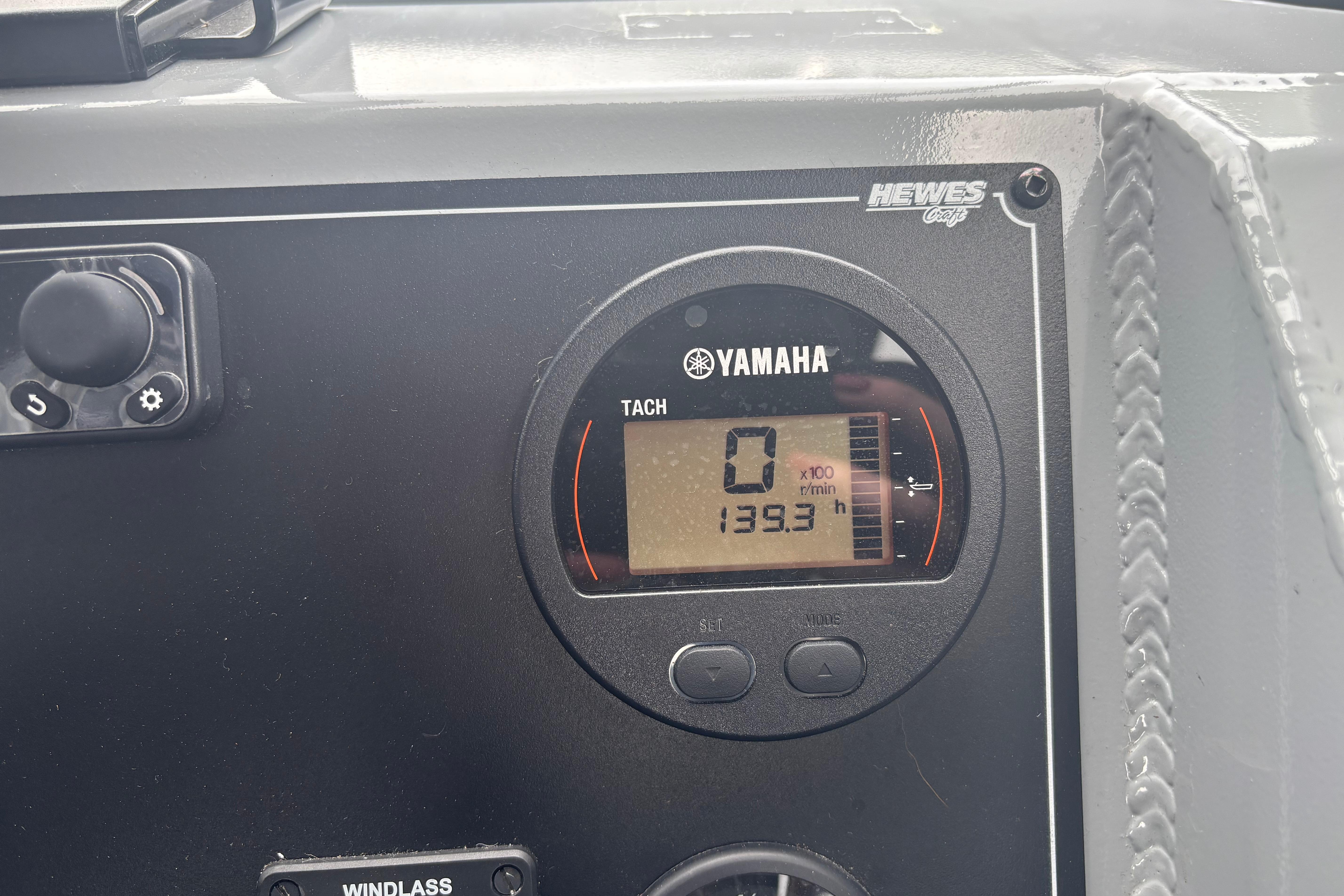 Yamaha tachometer on 2024 Hewescraft 220 Ocean Pro boat dashboard.