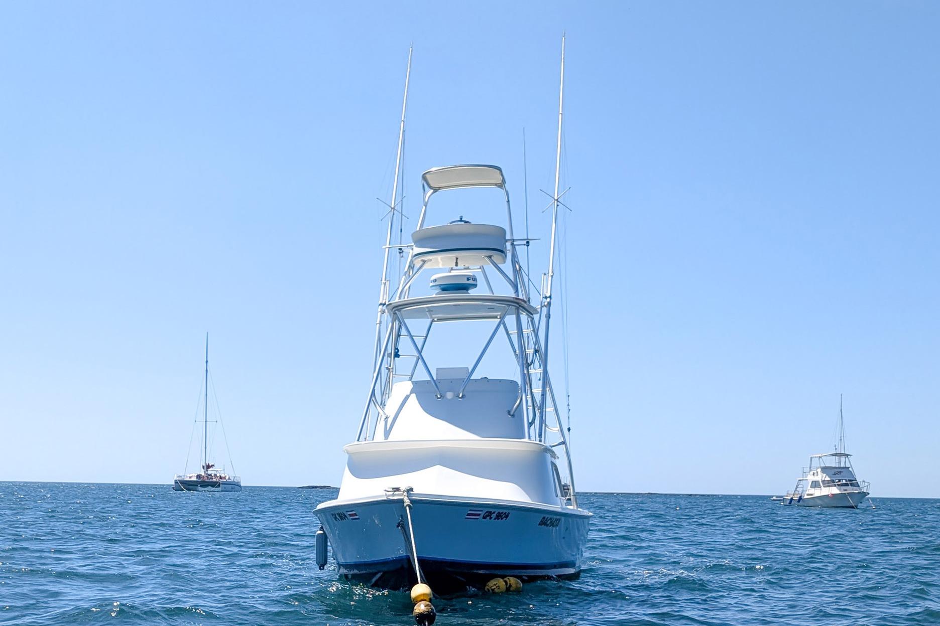 1973 Bertram 31 Sportfisher boat anchored in calm ocean waters.