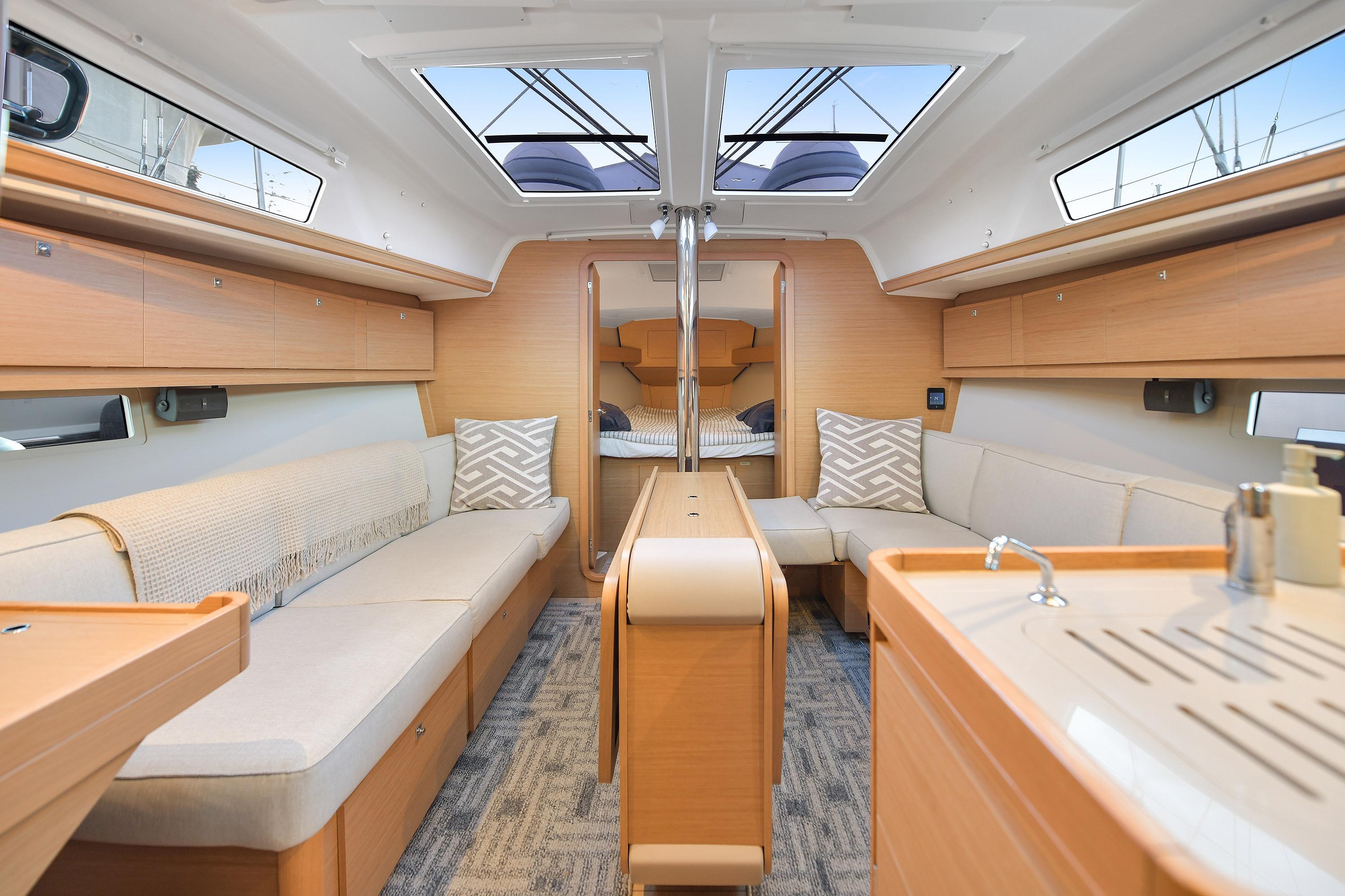 Interior of 2019 Dufour 382 Grand Large yacht, featuring modern design and comfortable seating.
