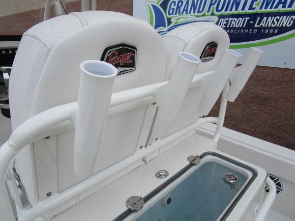 2024 Ranger 2360 Bay boat with rod holders and livewell.