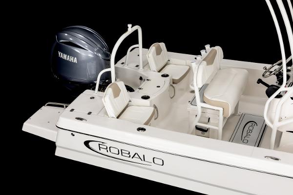 Manufacturer Provided Image: 2025 Robalo 206 Cayman boat with Yamaha engine, featuring sleek white seating and design.
