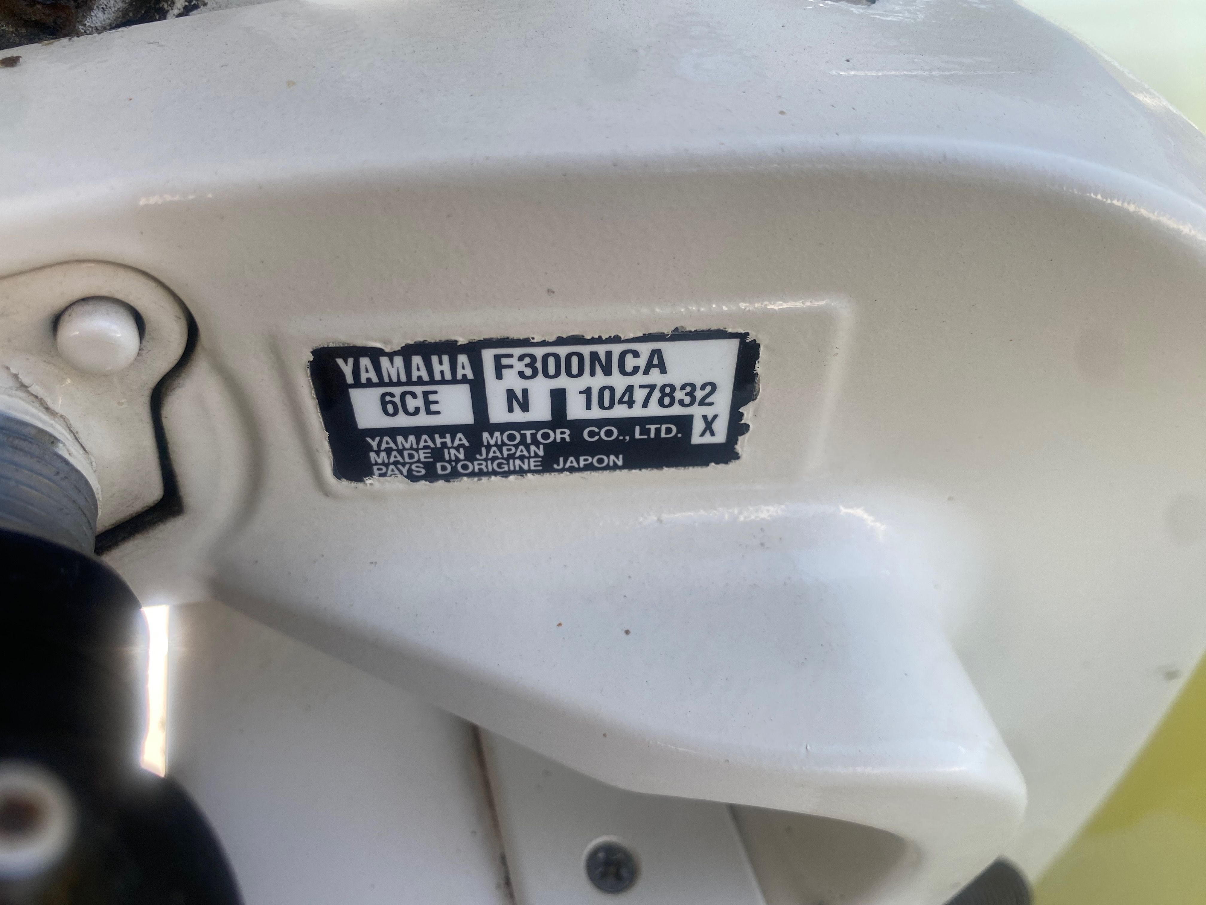 Yamaha F300NCA engine label on Grady-White Freedom235, year 2018.