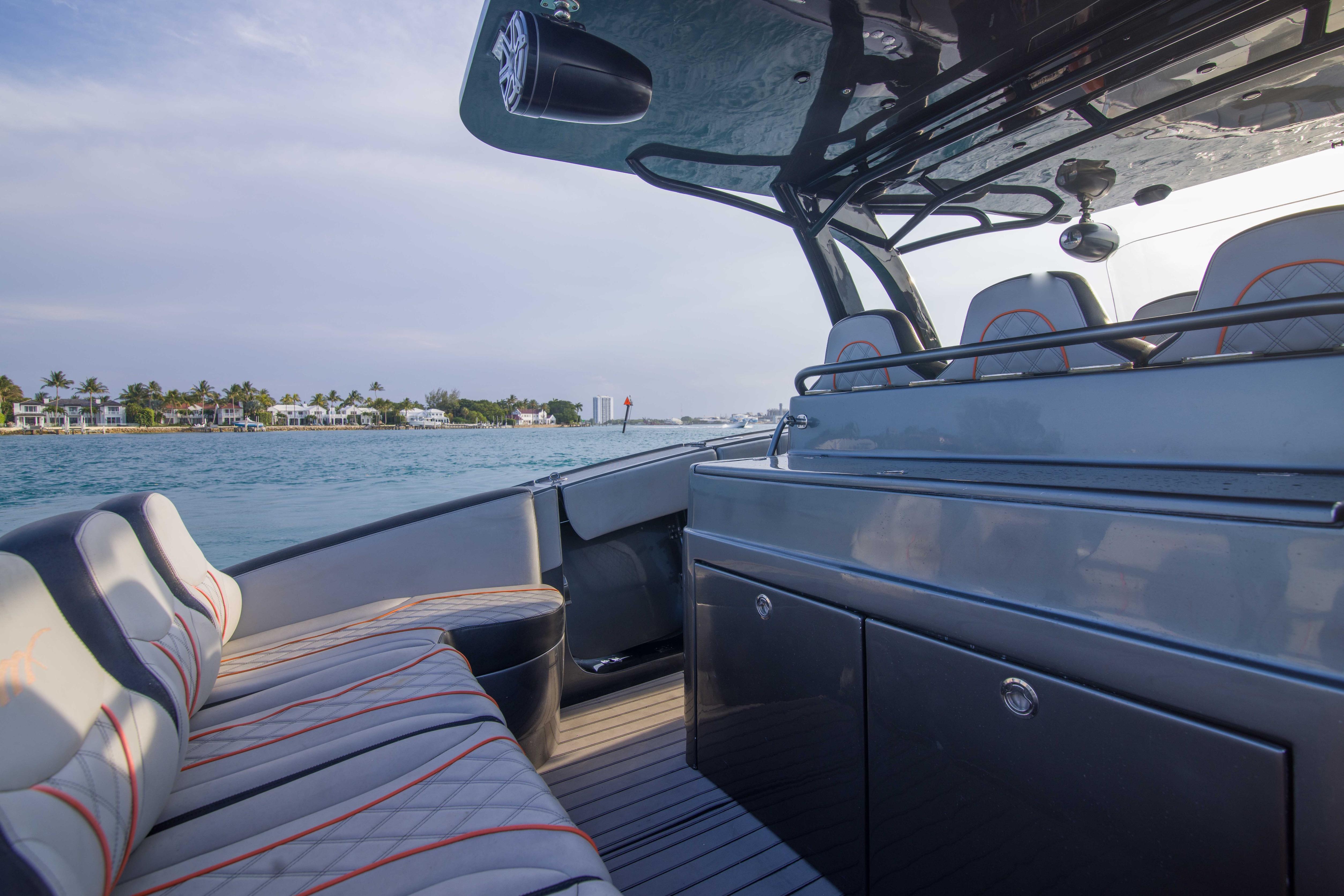 2019 Midnight Express 43 Open boat interior with luxurious seating and ocean view.