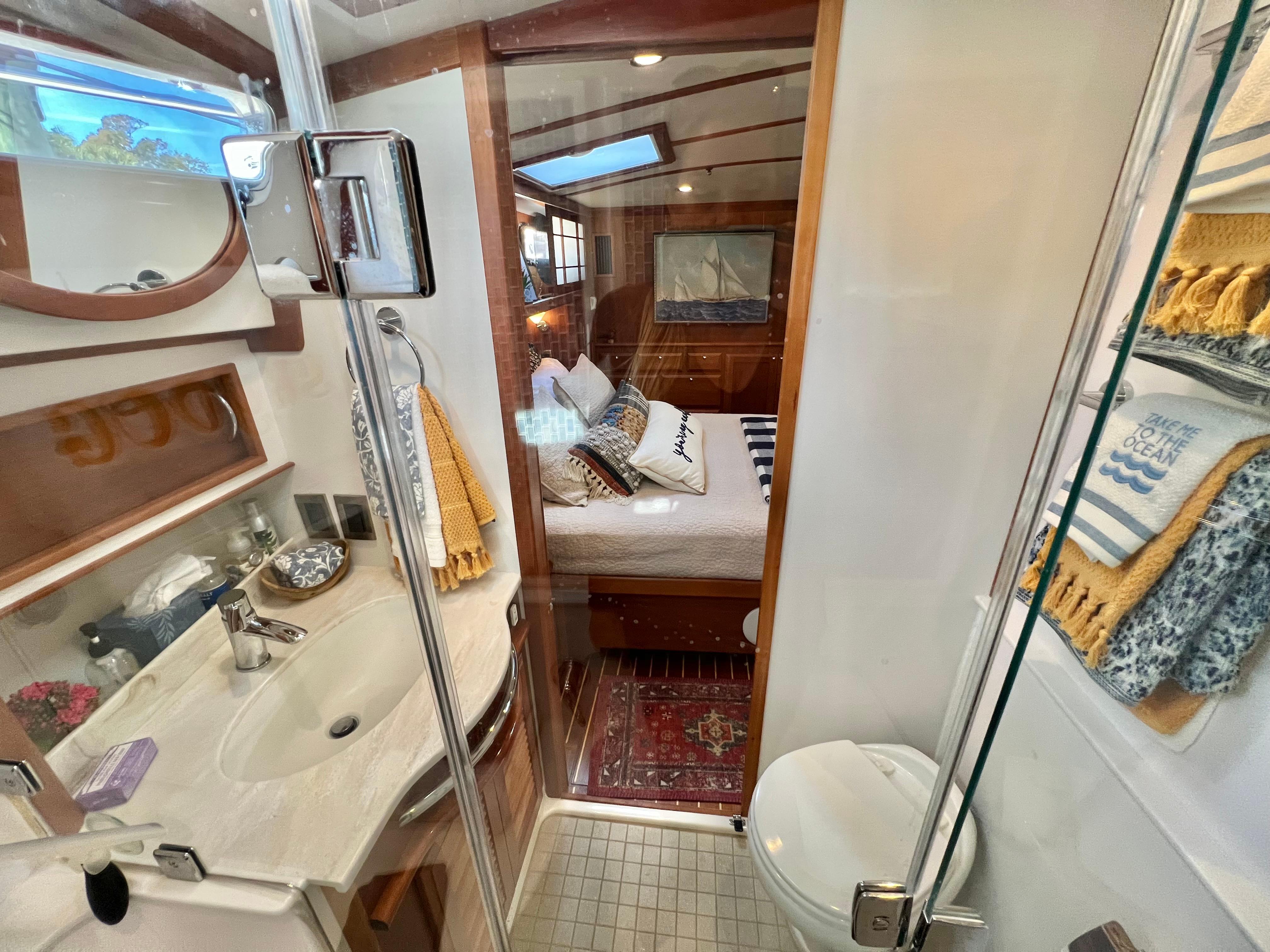 Interior of 2017 Sabre 48 Salon Express with bathroom and bedroom.